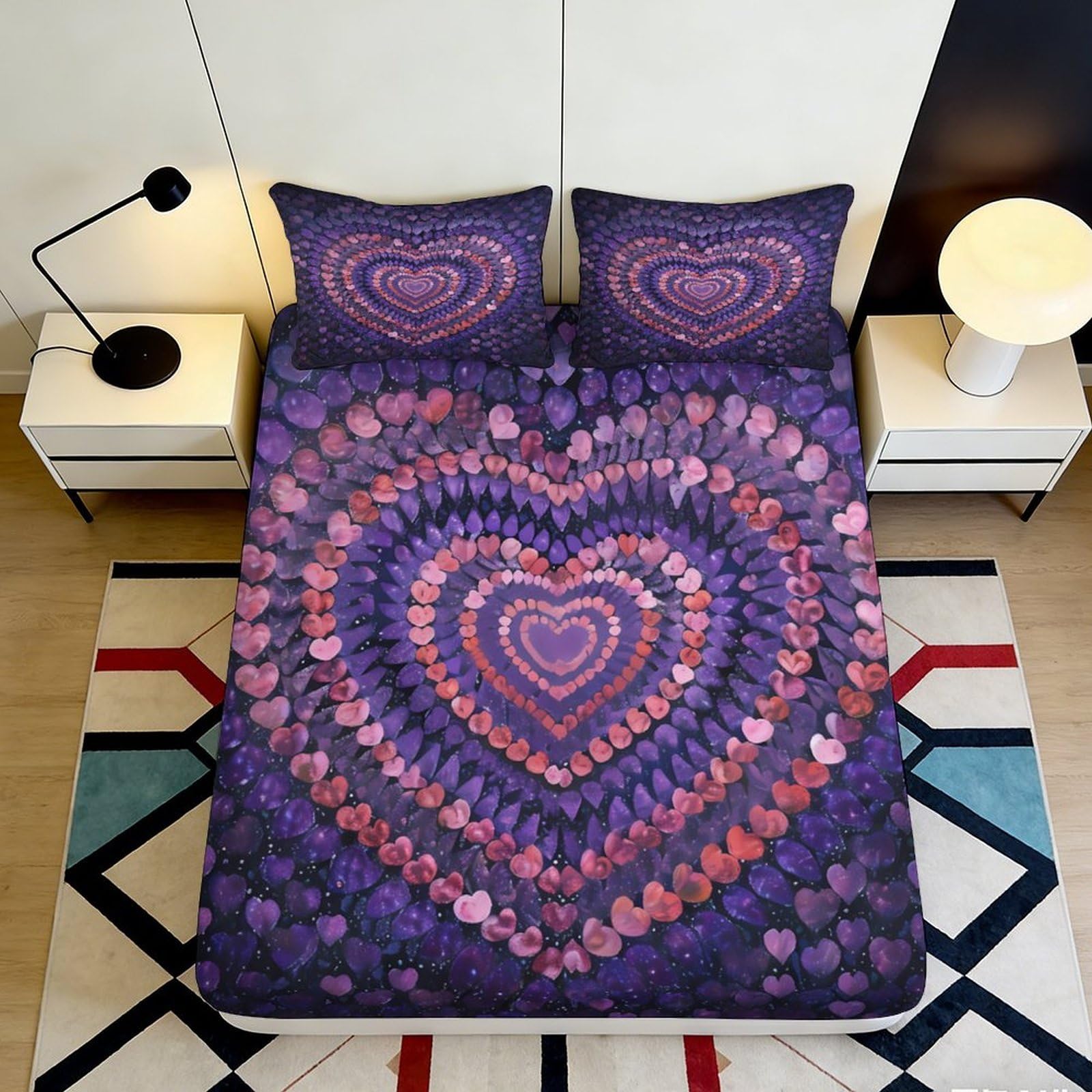 3D Printed Purple Heart Pattern Fitted Sheet Microfiber Soft Breathable Romantic Love Mattress Cover for Bedroom Dormitory Guest Room Protection 160x200x25cm