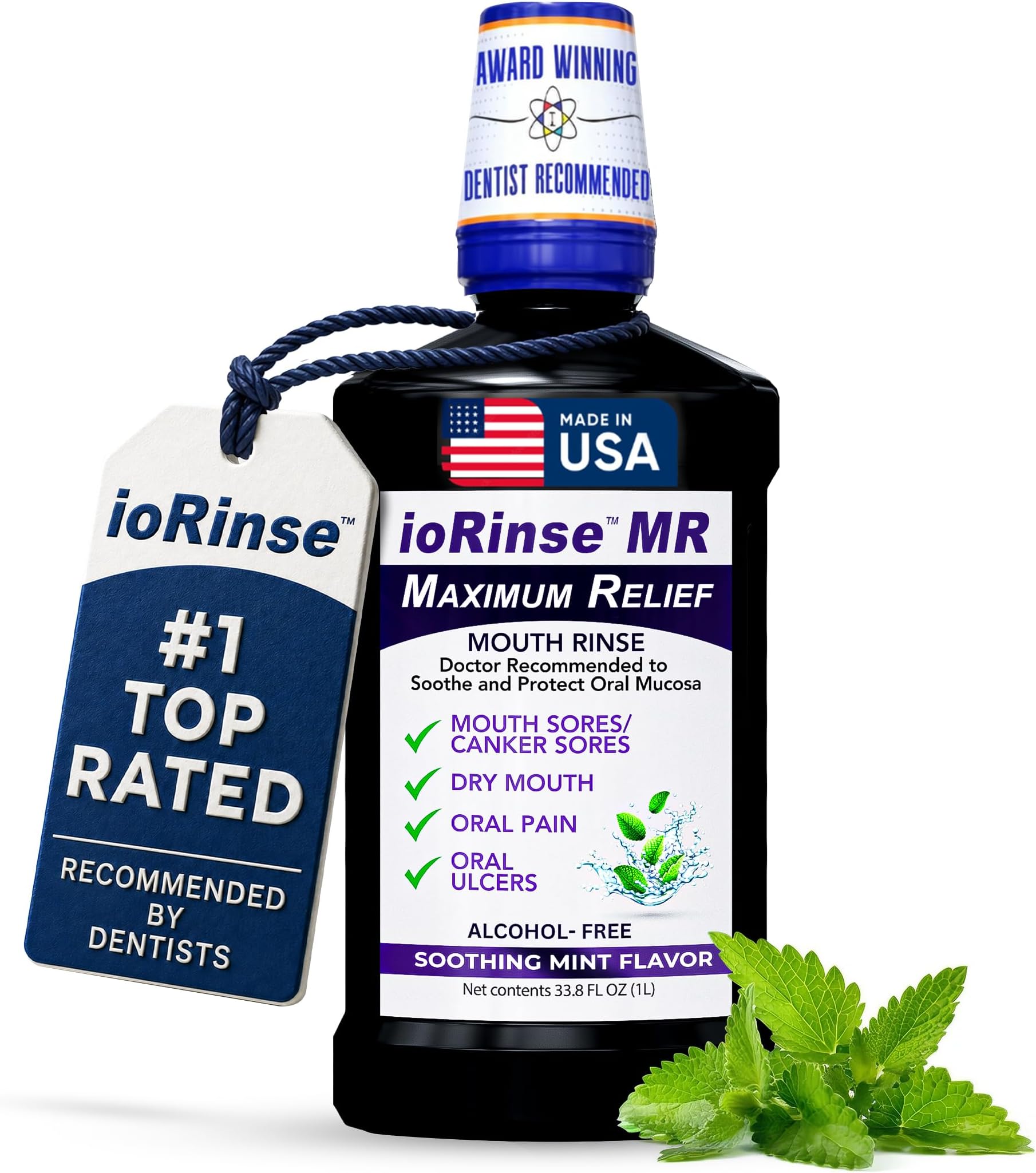 ioRinse MR Oral Rinse Mouthwash for Dry Mouth & Mouth Sores Relief, Alcohol Free Therapeutic Mouthwash for Oral Mucositis, Canker Sores & Irritation, Dentist Recommended Oral Rinse, Mint Flavor, 1 L