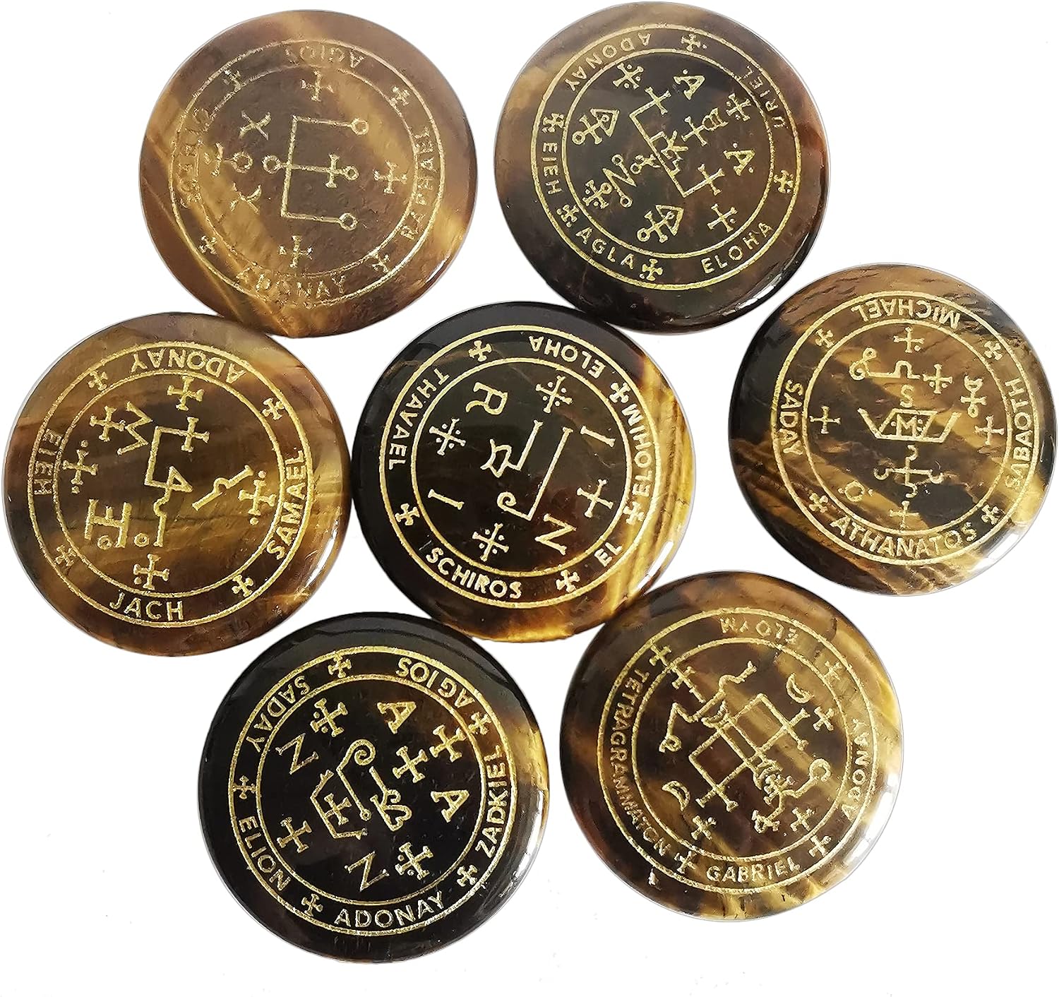 7 Piece Archangel Engraved Crystal Stone Set, Natural Gemstone Palm Disc with Gold Magic Symbols, Spiritual Decor Meditation Pocket Stone Gift Set,Tiger's Eye