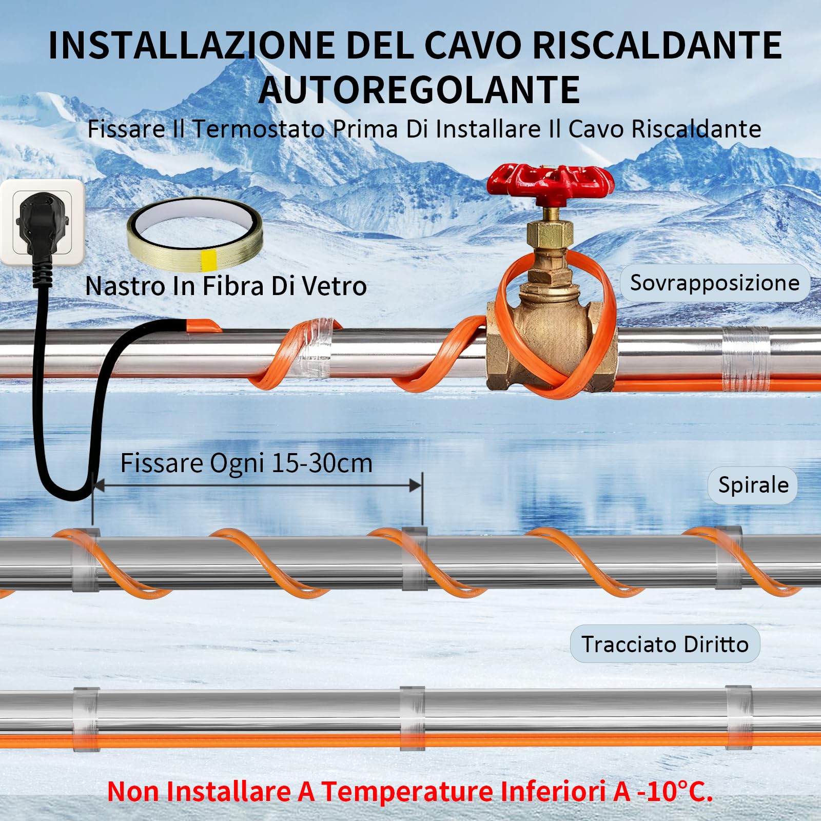 Cavo Riscaldante con Termostato 12m Cavo Riscaldante 25 W/m Autorregolante Serpentina Riscaldante con Termostato IPX7 Impermeabile Cavo Scaldante per Tubazioni Piante Grondaie Protezione Antigel