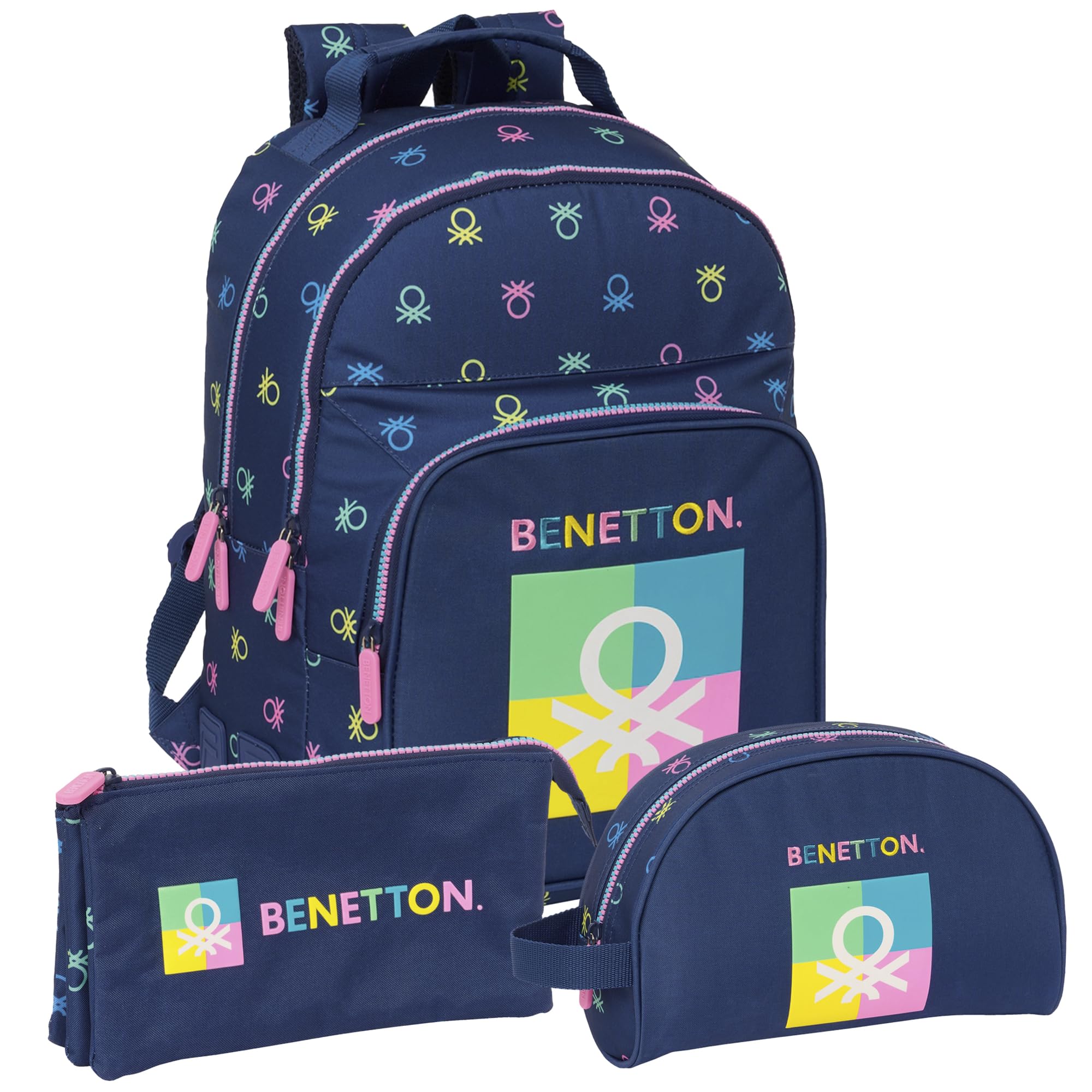 Safta | Pack BENETTON COOL Mochila, Estuche y Neceser - Estuche Benetton con Triple Compartimiento, Mochila Benetton Adaptable a Carro, Neceser Benetton Adaptable a Carro Portamochilas