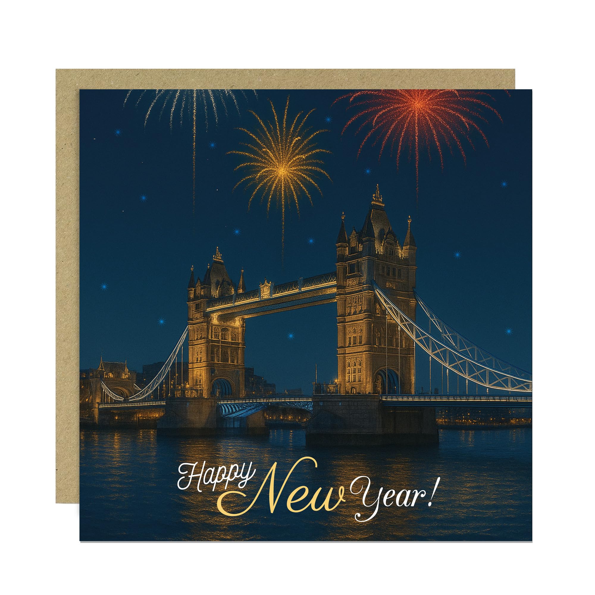 RED OCEAN Happy New Year Card London Scene New Years Eve Fireworks Celebration Card For Friends and Family 145x145mm With Kraft Envelope