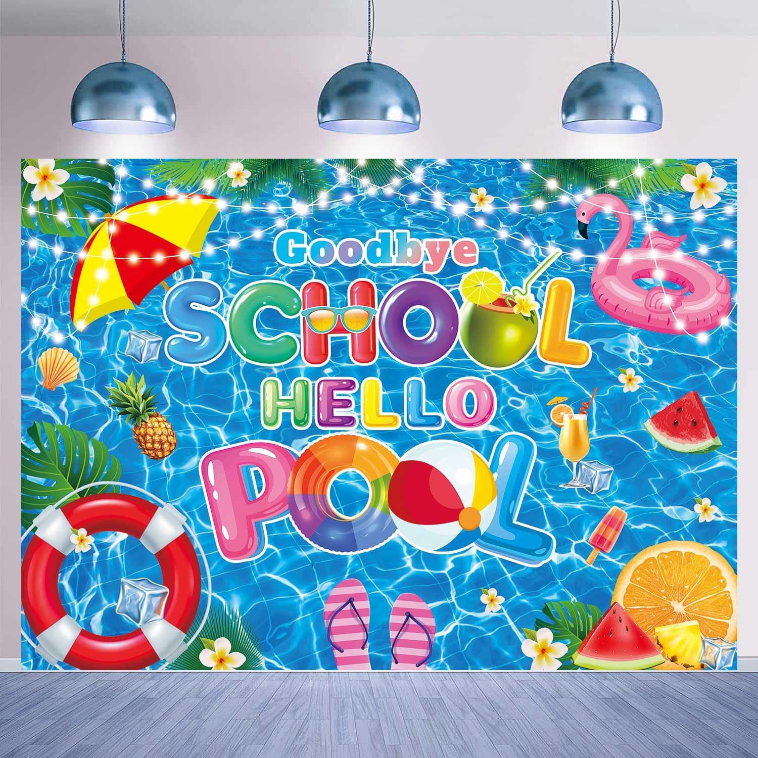 Goodbye School Hello Pool Backdrop 8x6FT School's Out for The Summer Background 2024 End of The Year Party Decorations Supplies Summer Vacation Beach Pool Party Photo Props