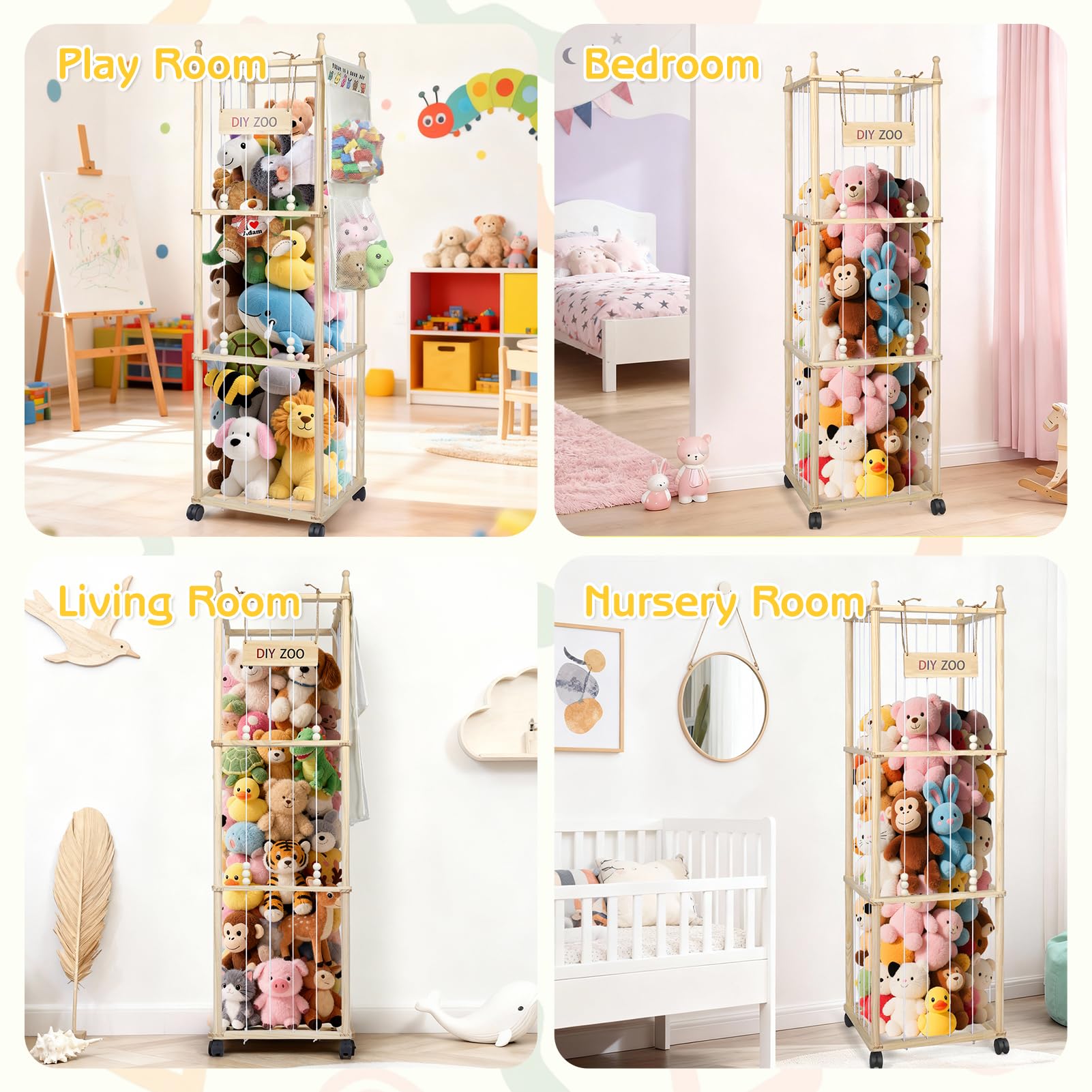 Mobiletto Portaoggetti per Animali di Peluche, 138x40x40CM in Legno Massello, Girevole a 360° e Bloccabile per Soggiorno, Camera da Letto e Cameretta dei Bambini (con Tasche Portaoggetti)