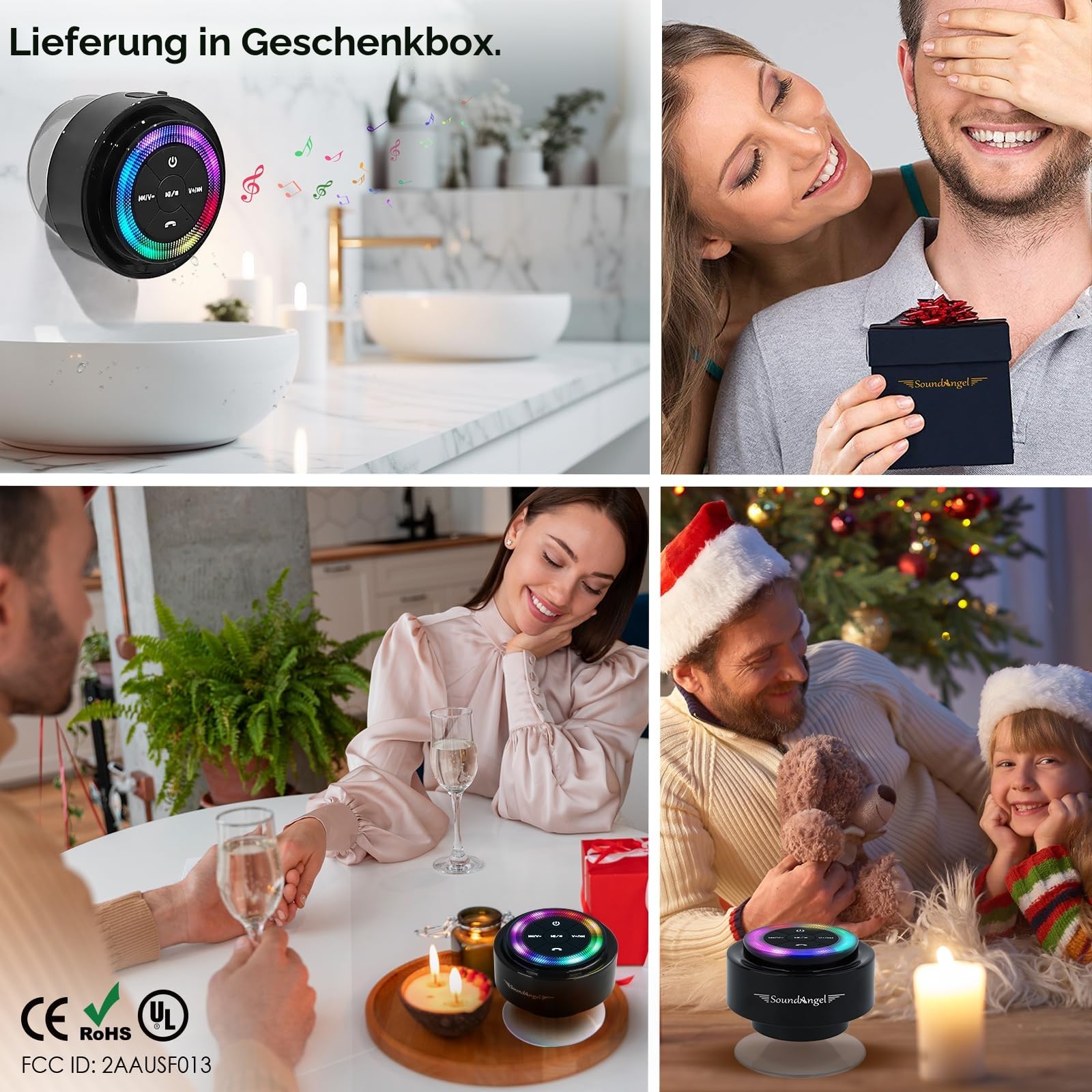 Xleader Mate Dusche Bluetooth Lautsprecher klein, Zertifiziert IPX7 Wasserdicht Bluetoothbox, Mini Music Box Lautsprecher Mit Licht, Saugnapf und Mikrofon, Kristall Sound und Bass, Musikbox Geschenk