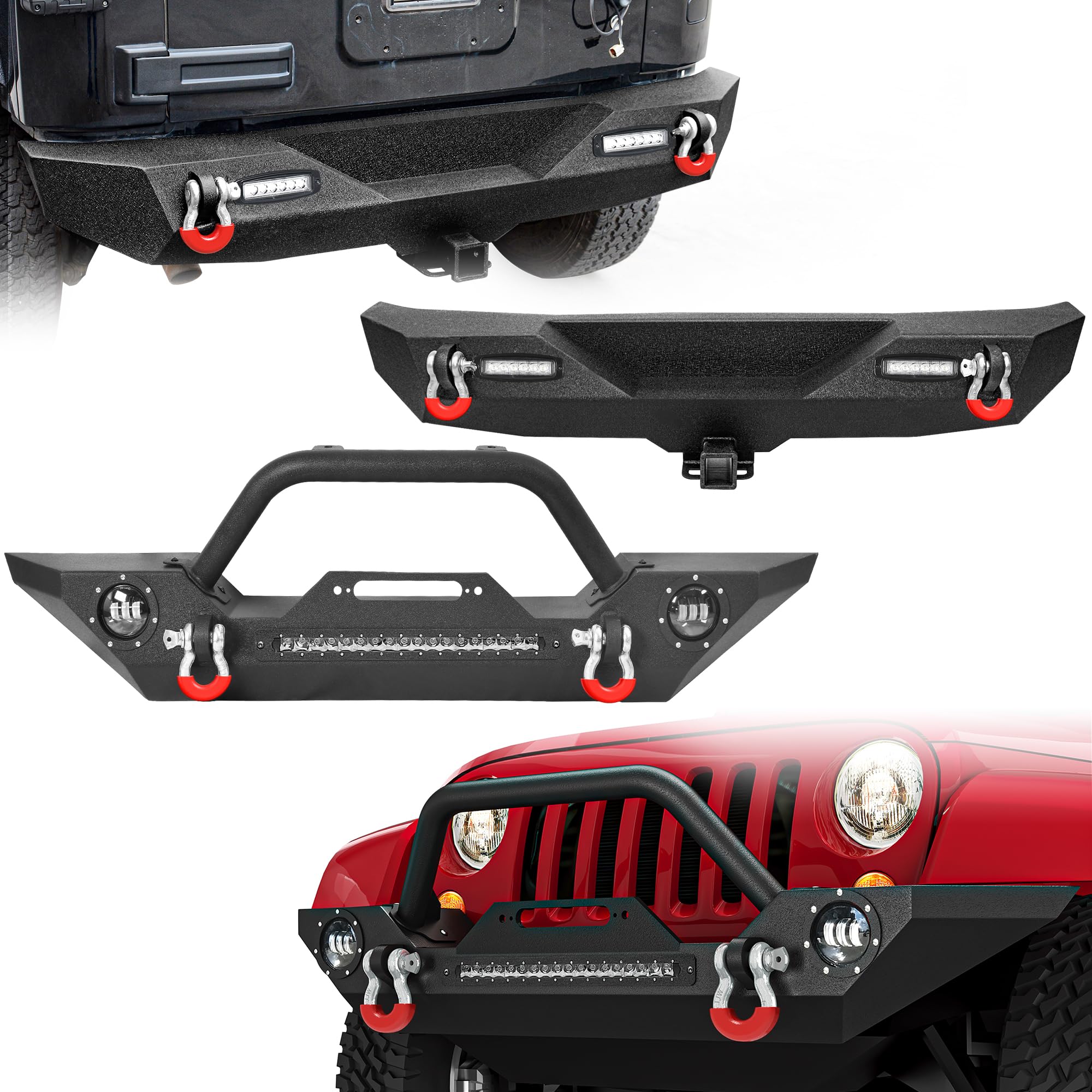 LEDKINGDOMUS Front& Rear Bumper Compatible with 07-18 Jeep Wrangler JK& Unlimited, Built-in 90W LED Light Bar w/ 2 60W Fog Light, Winch Plate and D-rings Rear Bumper w/ 2 LED & Hitch Receiver