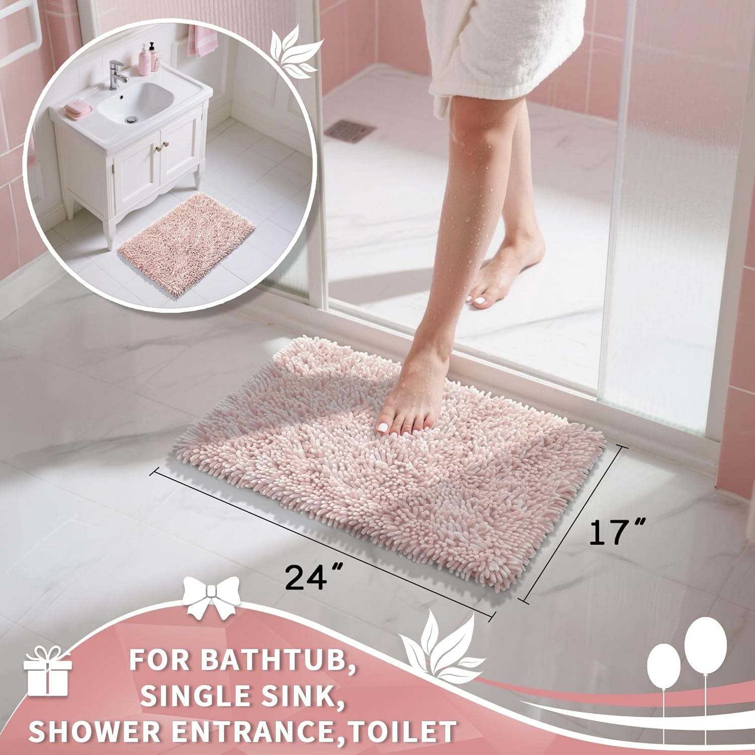Yimobra Chenille Bathroom Rugs Non Slip, Extra Thick Soft Absorbent Bath Rug, Machine Washable Quick Dry Bath Mat for Bathroom Floor, Tub and Shower, Home Decor Accessories, 24x17, Pink - Image 2