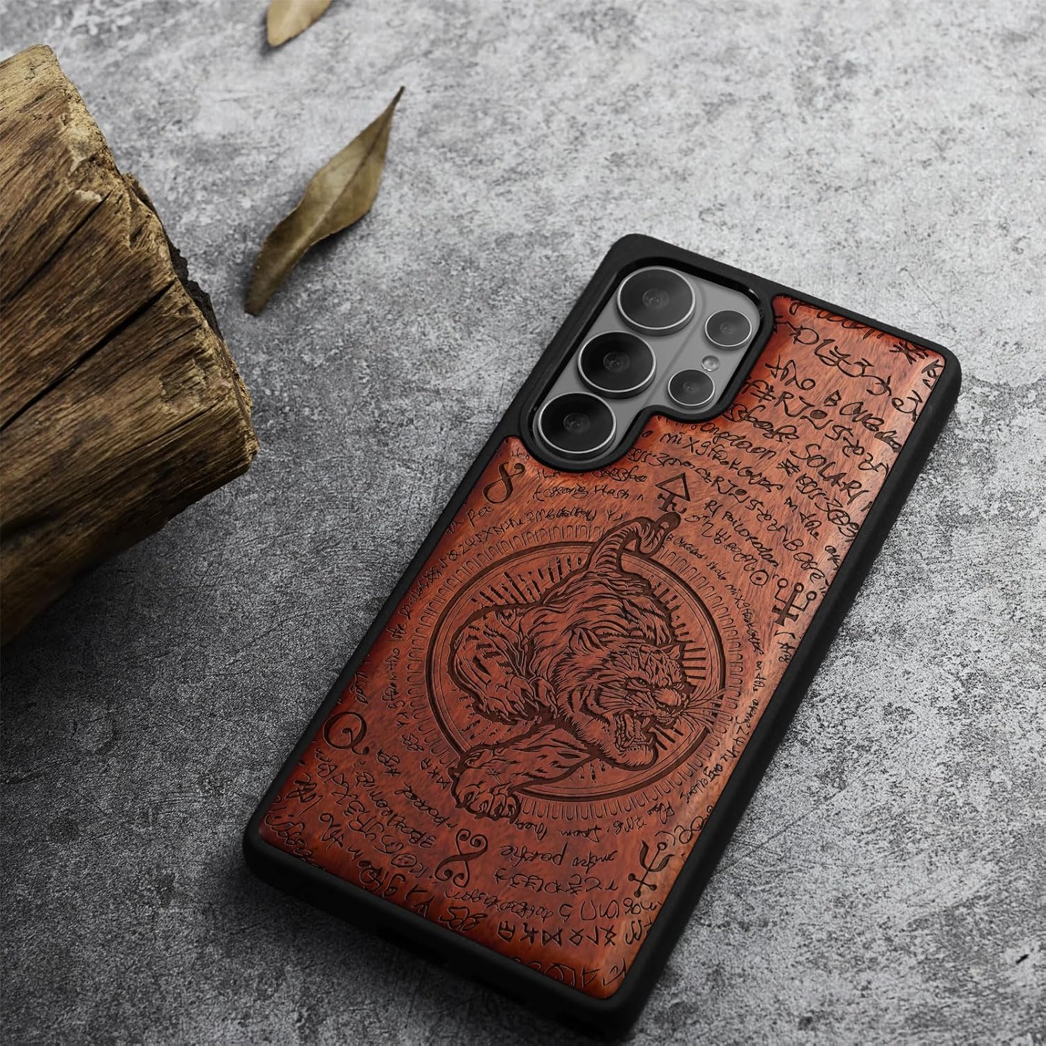 Carveit Magnetic Wooden Case for Samsung Galaxy S26 Ultra Case 2026, TPU Shockproof Cover & Wood Artisan Engraved, Compatible with MagSafe Wireless Chargers (The Tiger's Descent) Rosy