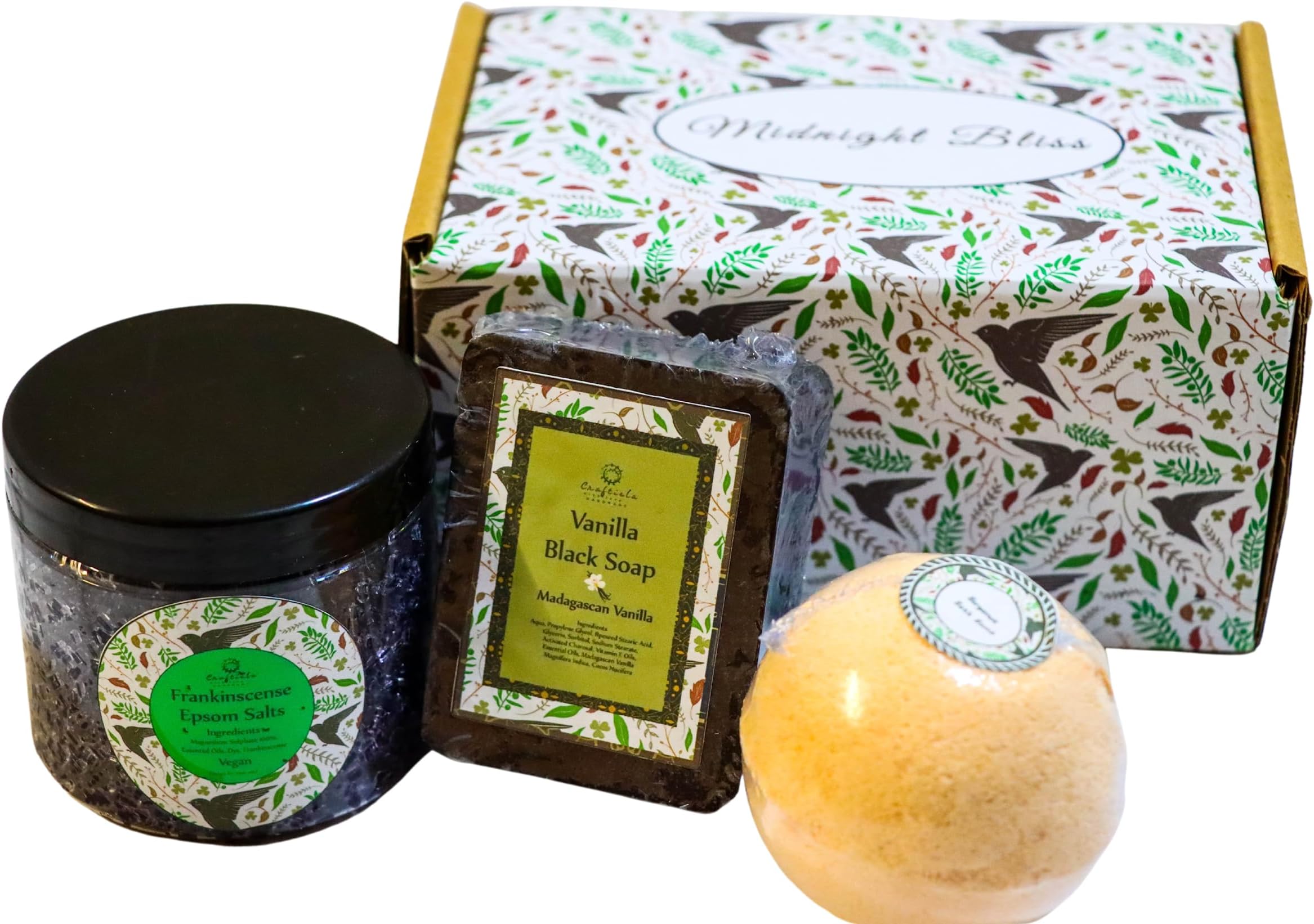 Craftiela Midnight Bliss Natural Vegan Organic Gift Set For Her Bergamot Bath Bomb, Madagascan Vanilla Black Handmade Soap, Frankinscense Epsom Bath Crystals Healthy Spa Woman Gift