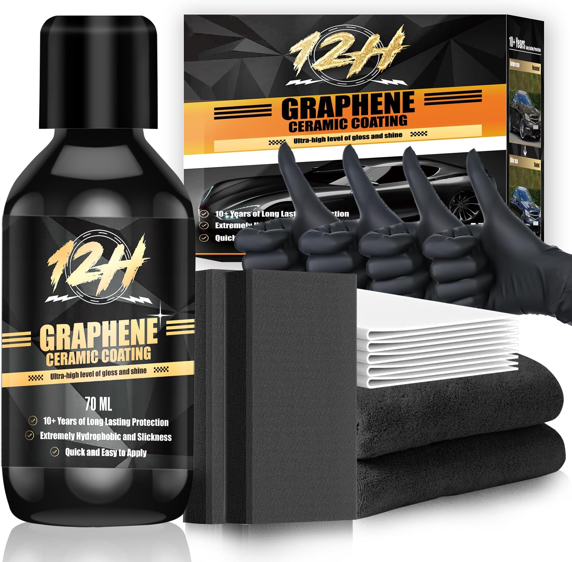 Newest 12H Advanced Graphene Ceramic Coating for Cars, Graphene Coating with Car Detailing Kits and Applicator, Ultra High Gloss,10+ Years Long Lasting Protection for Hydrophobic Paint, 70ml