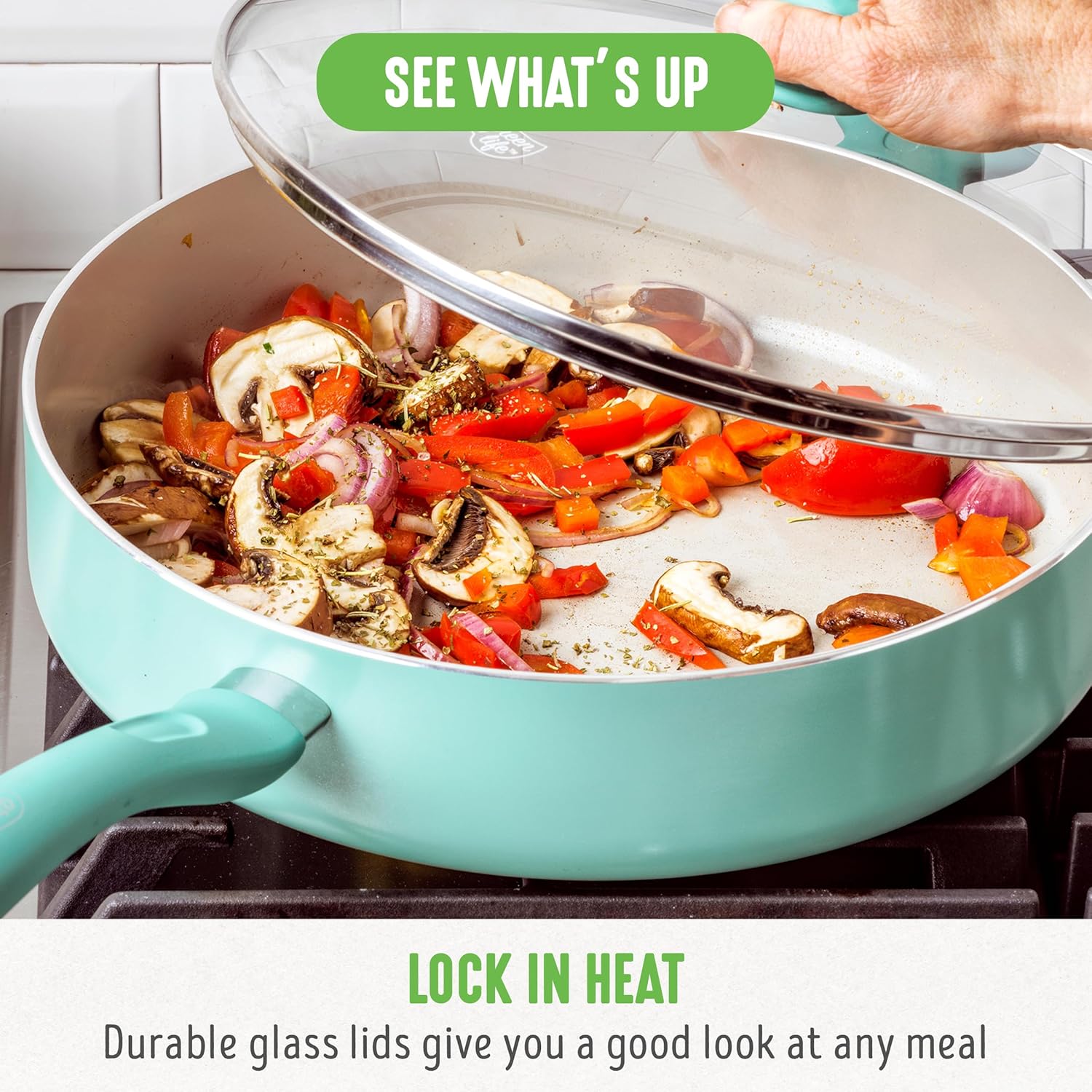 GreenLife Soft Grip Diamond Healthy Ceramic Nonstick, 5QT Saute Pan Jumbo Cooker with Helper Handle and Lid, PFAS-Free, Dishwasher Safe, Turquoise - Image 5