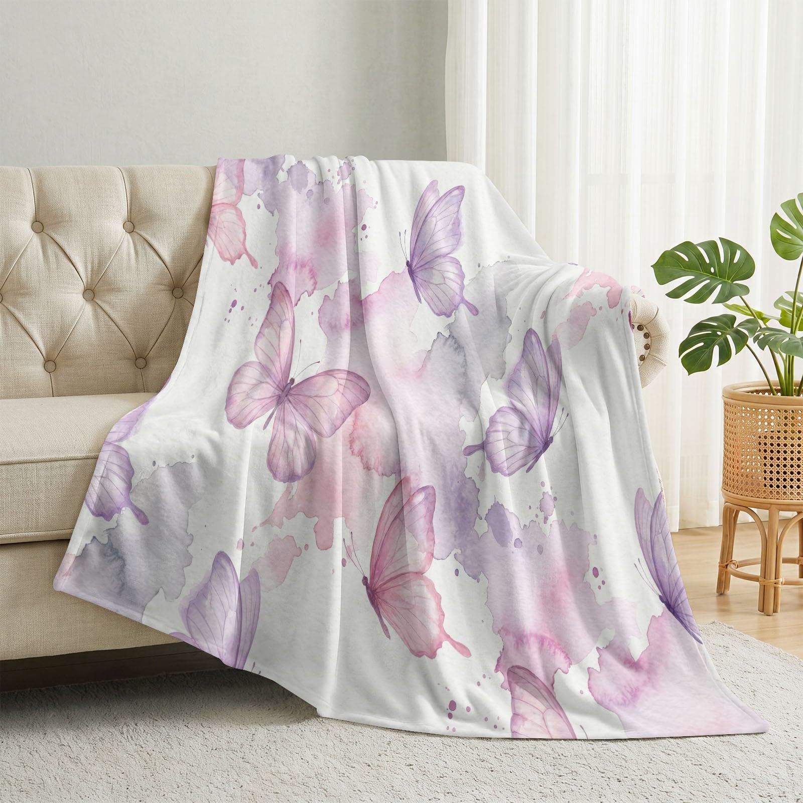 Dreamy - Coperta in pile di flanella, 200 x 220 cm, motivo acquerello con farfalle, a pois, per divano, letto, viaggi, stile nordico, soffice, lavabile, per ragazzi, ragazze e donne, idea regalo