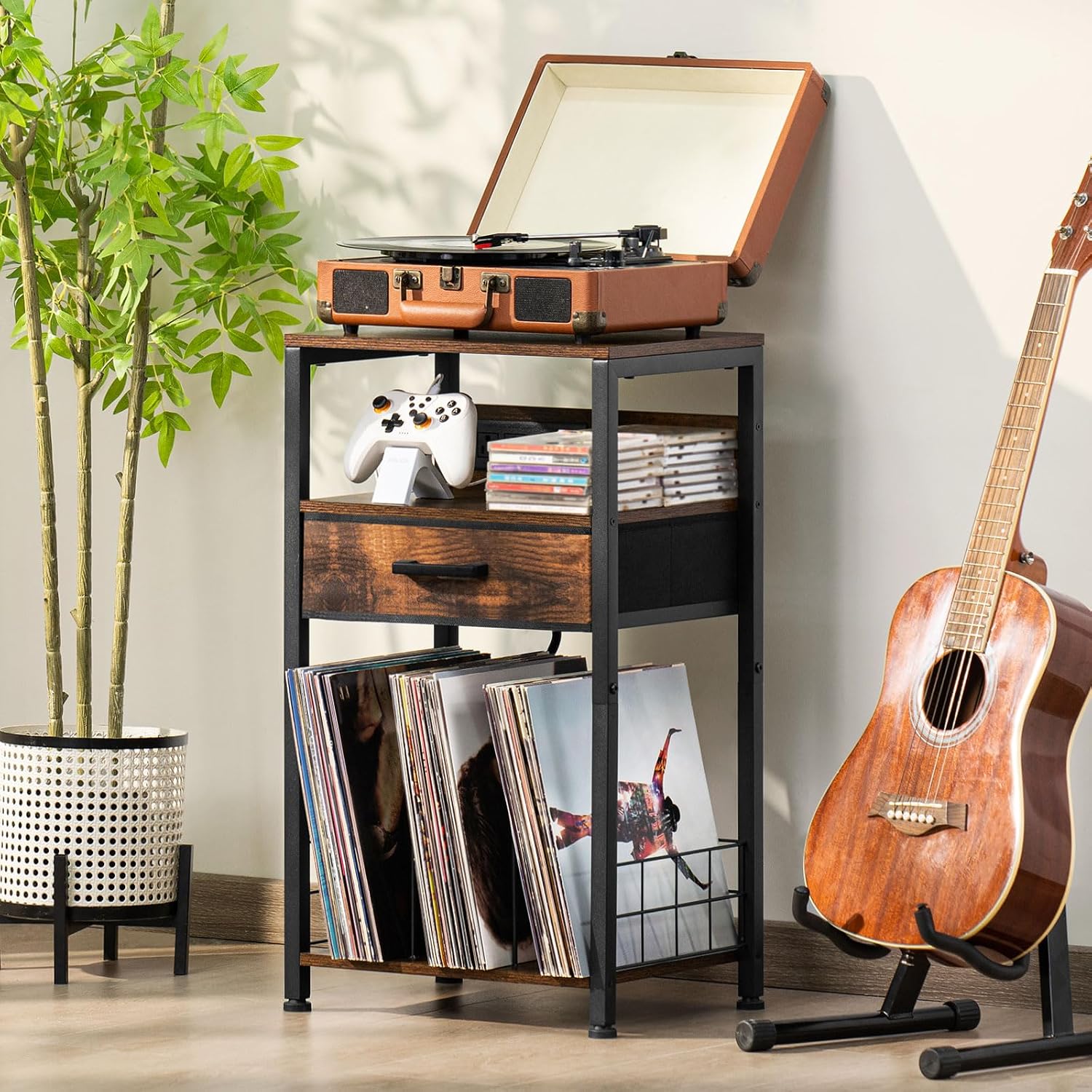 Amazon.com: LELELINKY Record Player Stand with Fabric Drawer, 3 Tier AV ...