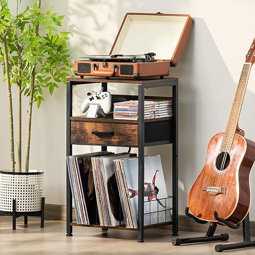 LELELINKY Record Player Stand with Fabric Drawer, 3 Tier AV Media Stands with Charging Station and USB Ports,Turntable Rack with Storage Up to 100 Vinyl Albums, Brown DVD Video Game Console Shelf