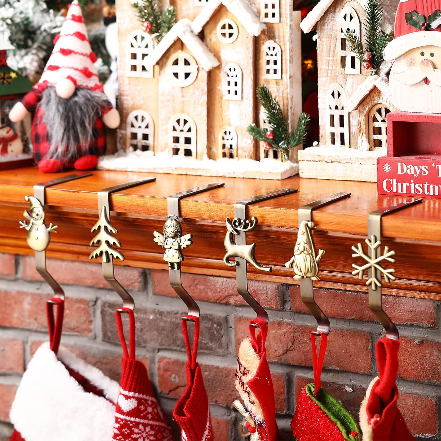 Hotop 6 Pieces Christmas Stocking Holder for Mantle Metal Strong Heavy Stocking Hangers Hooks with Snowflake Deer Snowman Angel Non Slip Adjustable Xmas Grips for Christmas Decoration (Bronze)