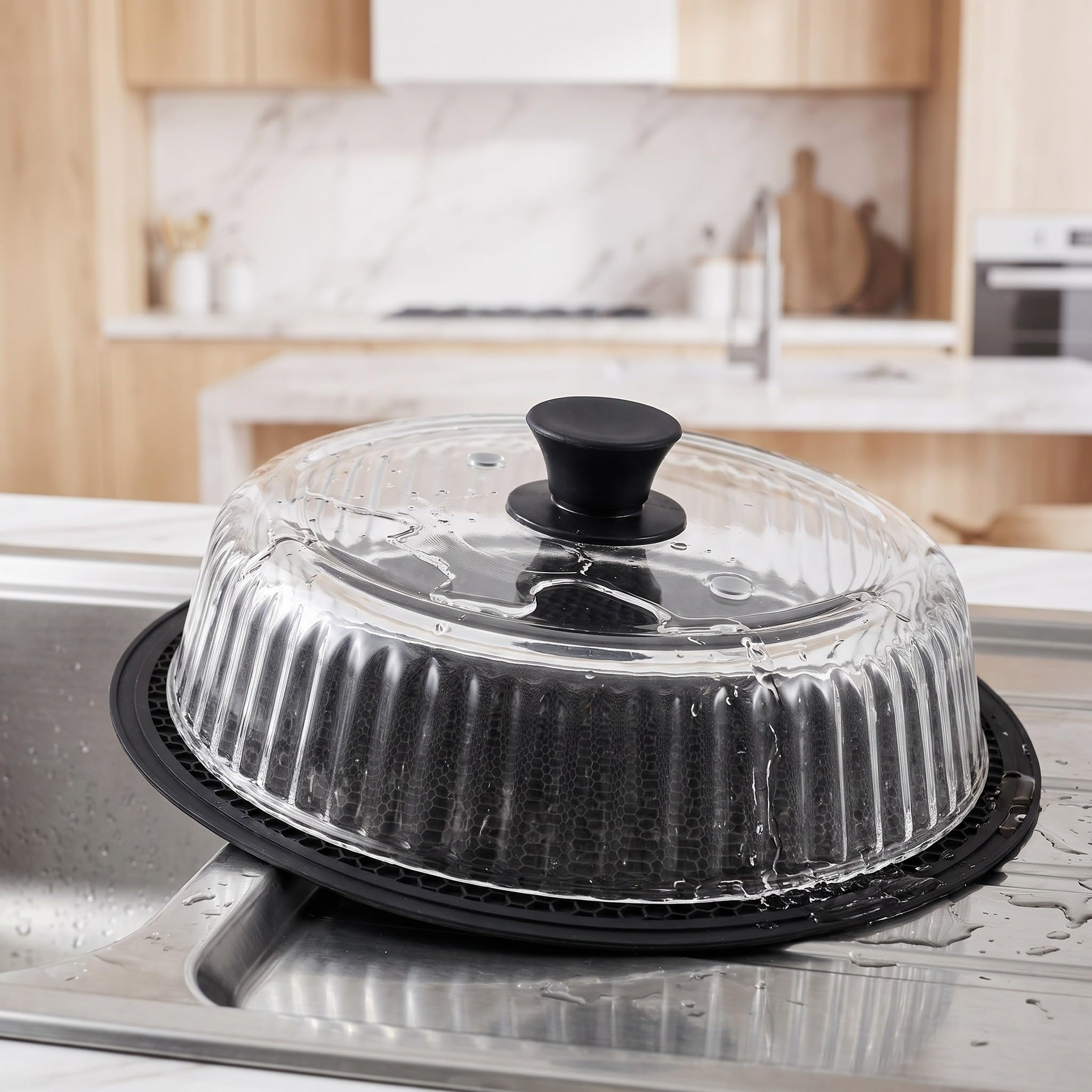 Zerodeko Coperchio in vetro per microonde anti-schizzi, da 25 cm, in vetro borosilicato, con pomello in silicone e tappetino per piatti e stoviglie, cupola ventilata per un riscaldamento uniforme.