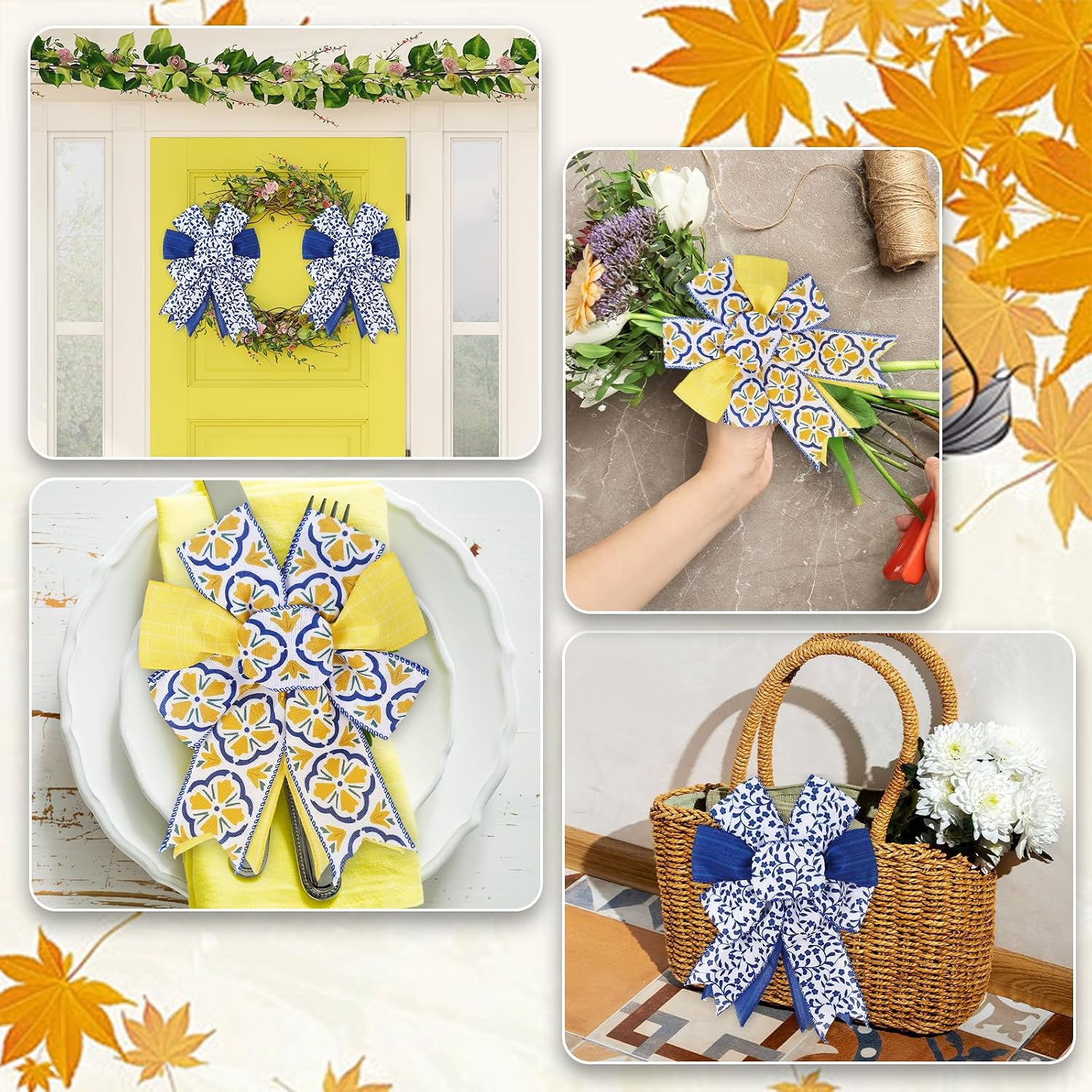 JarThenaAMCS Boho Wired Edge Ribbon Blue Yellow Stripe Plaid Floral Leaves Fabric Craft Ribbon for Wedding Birthday Bridal Shower Wreath Bow Making, 4 Rolls, 24 Yards