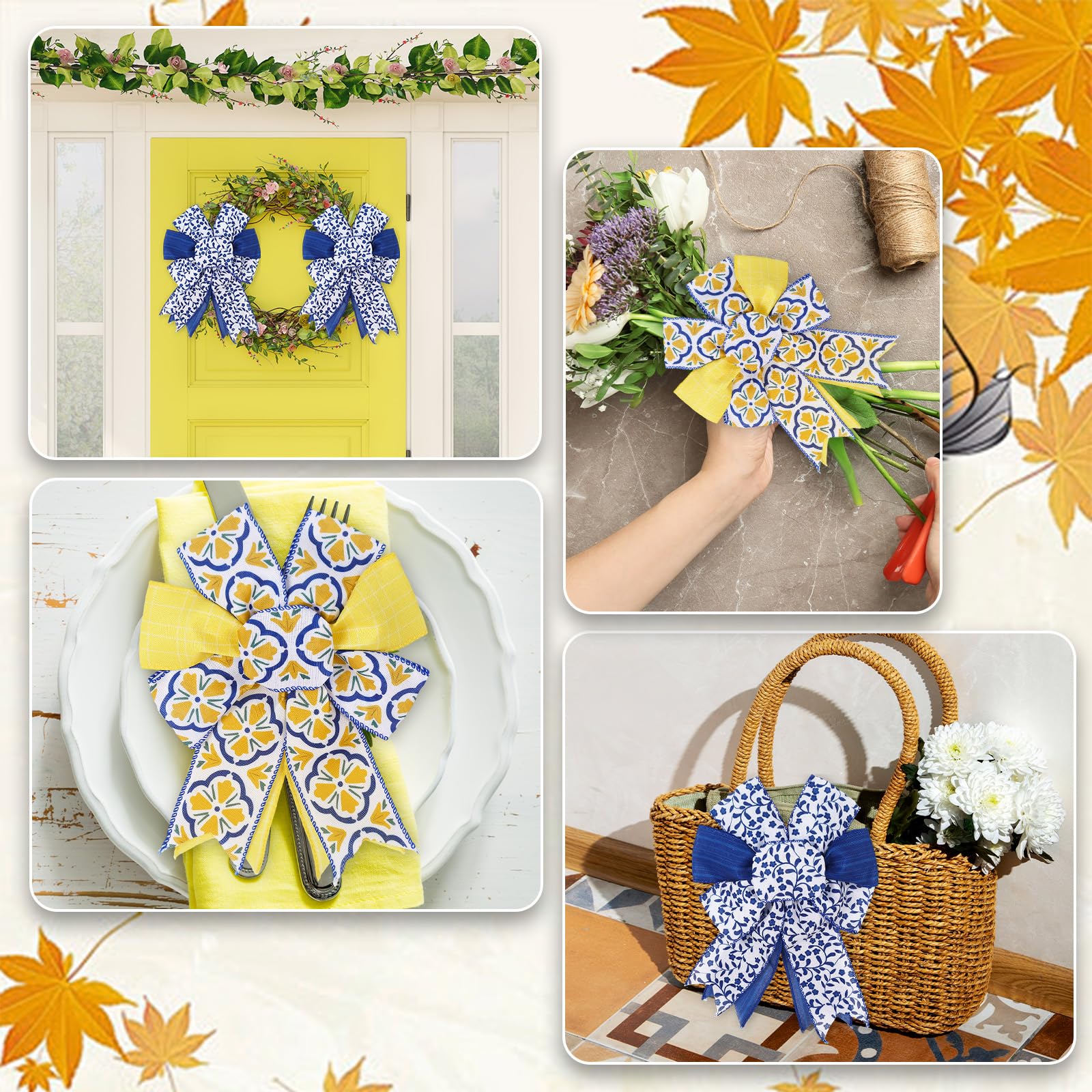JarThenaAMCS Boho-Band mit Drahtrand, blau-gelb gestreift, kariert, Blumenblätter, Stoff, Bastelband für Hochzeit, Geburtstag, Brautparty, Kranz, Schleifen, 4 Rollen, 22 Meter