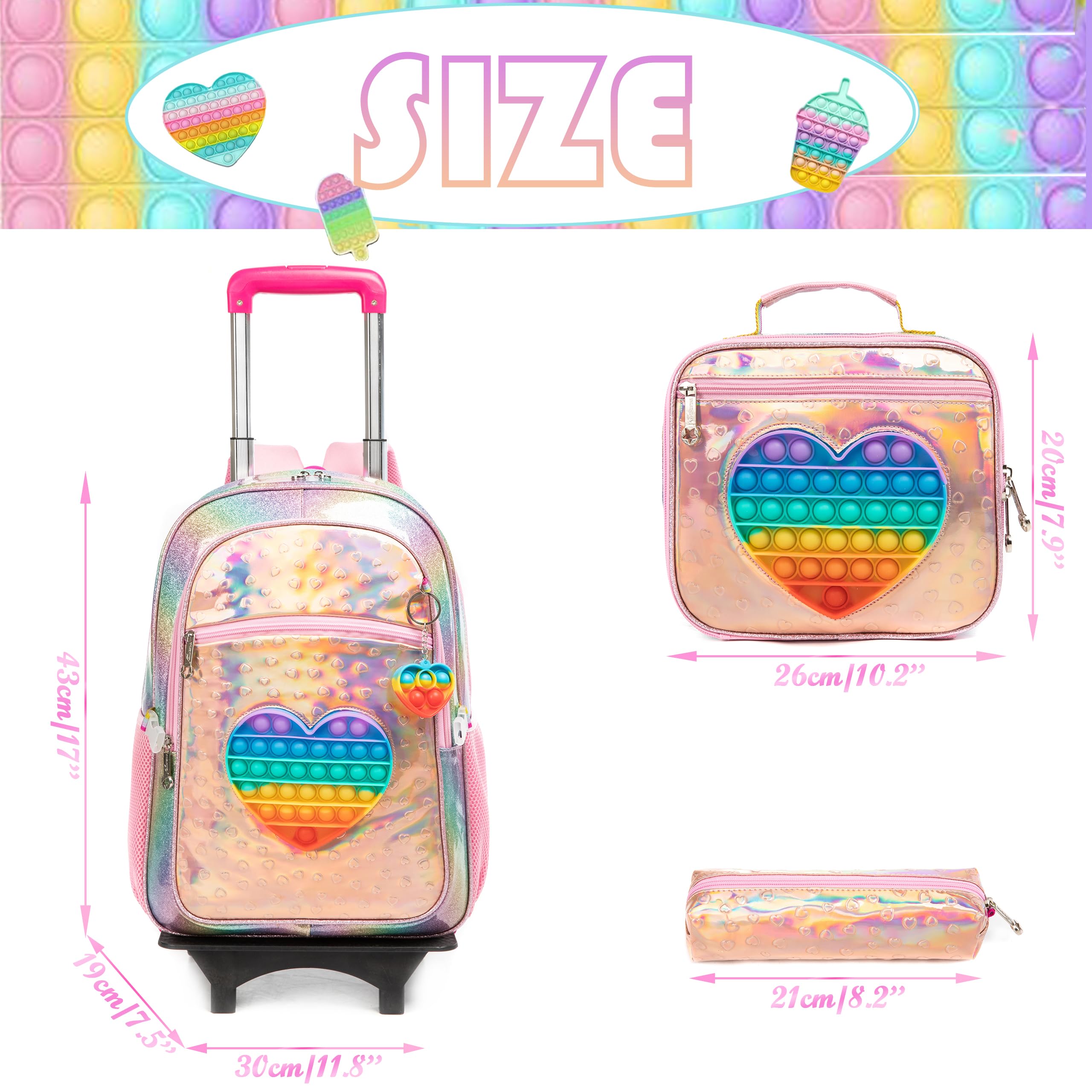 HTgroce Pop It Mochila Escolar con Ruedas Niña Fidget Toy Pop Its Mochilas con Carrito Escolares Bolso Popit Fidget Toy 3 in 1, Juguete Antiestrés y Ansiolítico Mochilas Escolares con Carro.