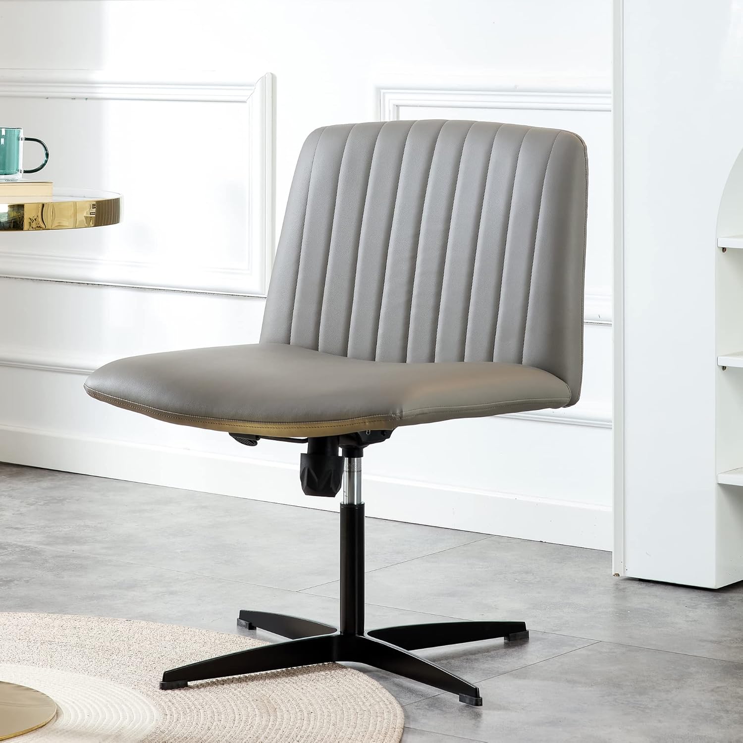 Armless Office Desk Chair No Wheels, PU Adjustable Swivel