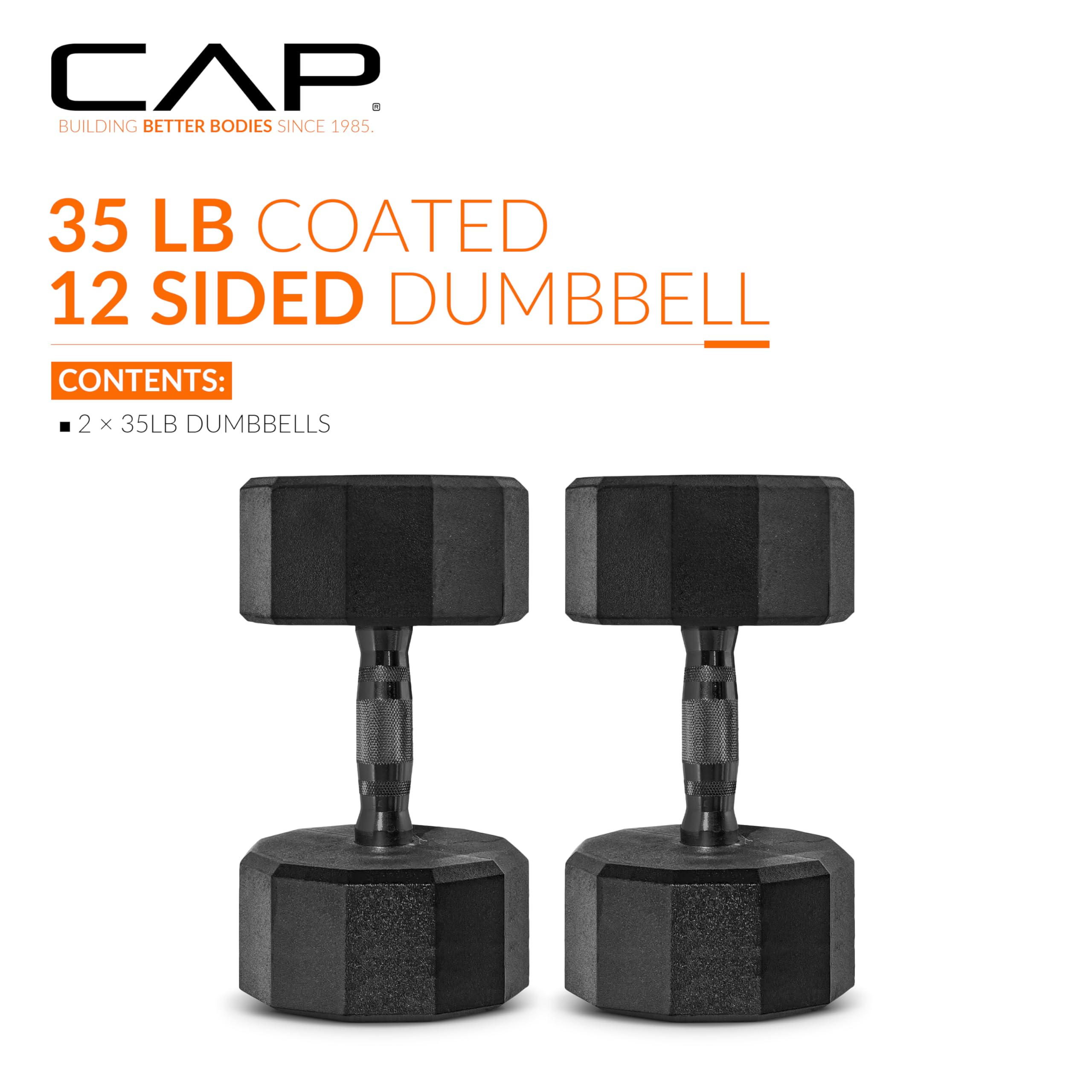 CAP Rubber Coated Dumbbell Weights Free Weights for Home Gym Strength Training Anti-Roll Hex Dumbbells with Black Chrome & Comfort Grip Handles Pairs & Sets product thumbnail 3