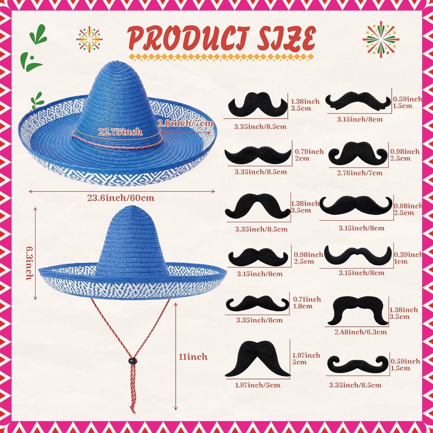 Sombrero Hats Set Party Hats Fake Mustaches Beards for Adults Mexican Fiesta Party