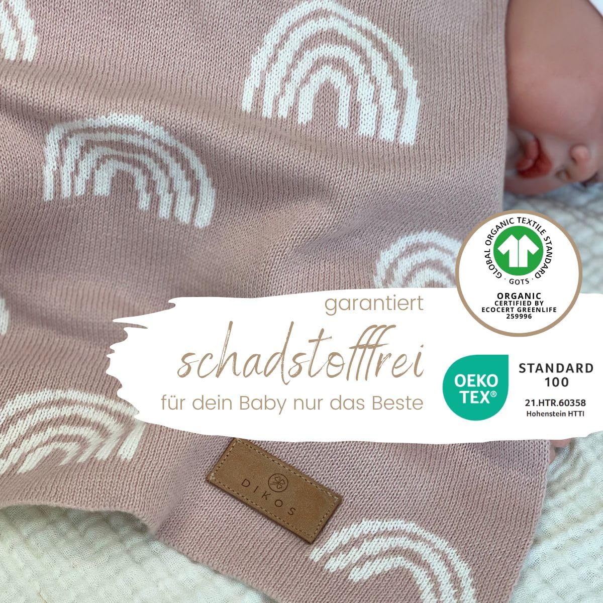 DIKOS® Babydecke Bio Baumwolle Mädchen Regenbögen rosa – 100% GOTS Zertifiziert – Strickdecke – Neugeborenen Baby Decke Erstlingsdecke Altrosa – Kinderwagendecke Geschenk zur Geburt