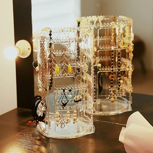 Miniatura 5 de Cq acrylic Organizador giratorio para aretes de 360 grados, exhibiciones de joyería transparentes, estante para aretes, collar, pulsera, carrusel,