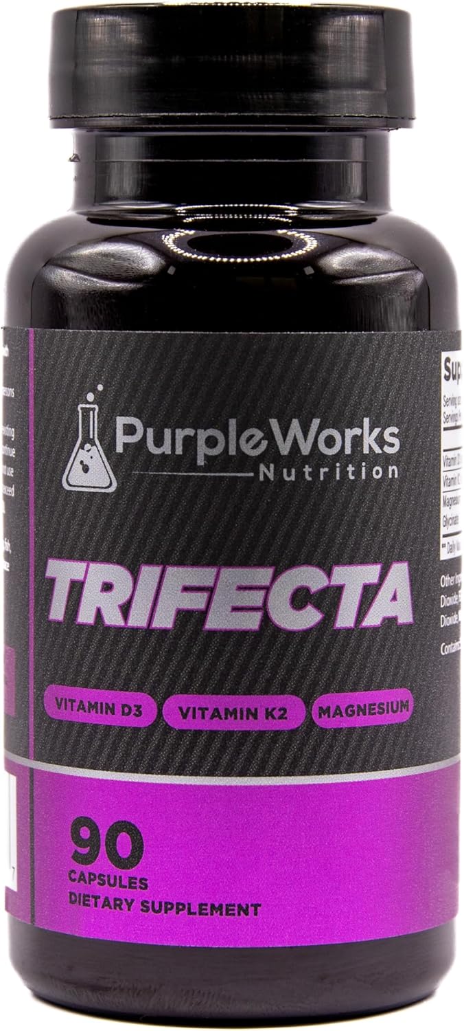PurpleWorks Trifecta Vitamin D3 K2 Magnesium 2000IU, 120mcg K2, 120mg Magnesium Capsules 90 Count, Made in USA
