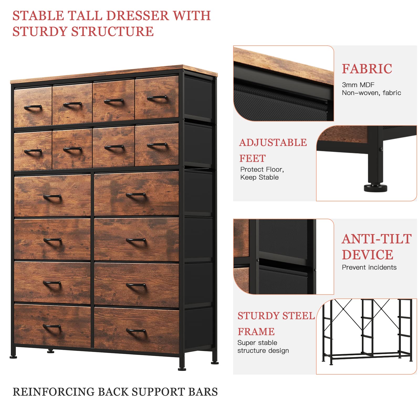 LIVEHOM 16 Dresser Drawer for Bedroom, Tall Dresser with Fabric Storage Drawer, Large Dressers & Chest of Drawers for Kid Room, Closet, Living Room, Entryway