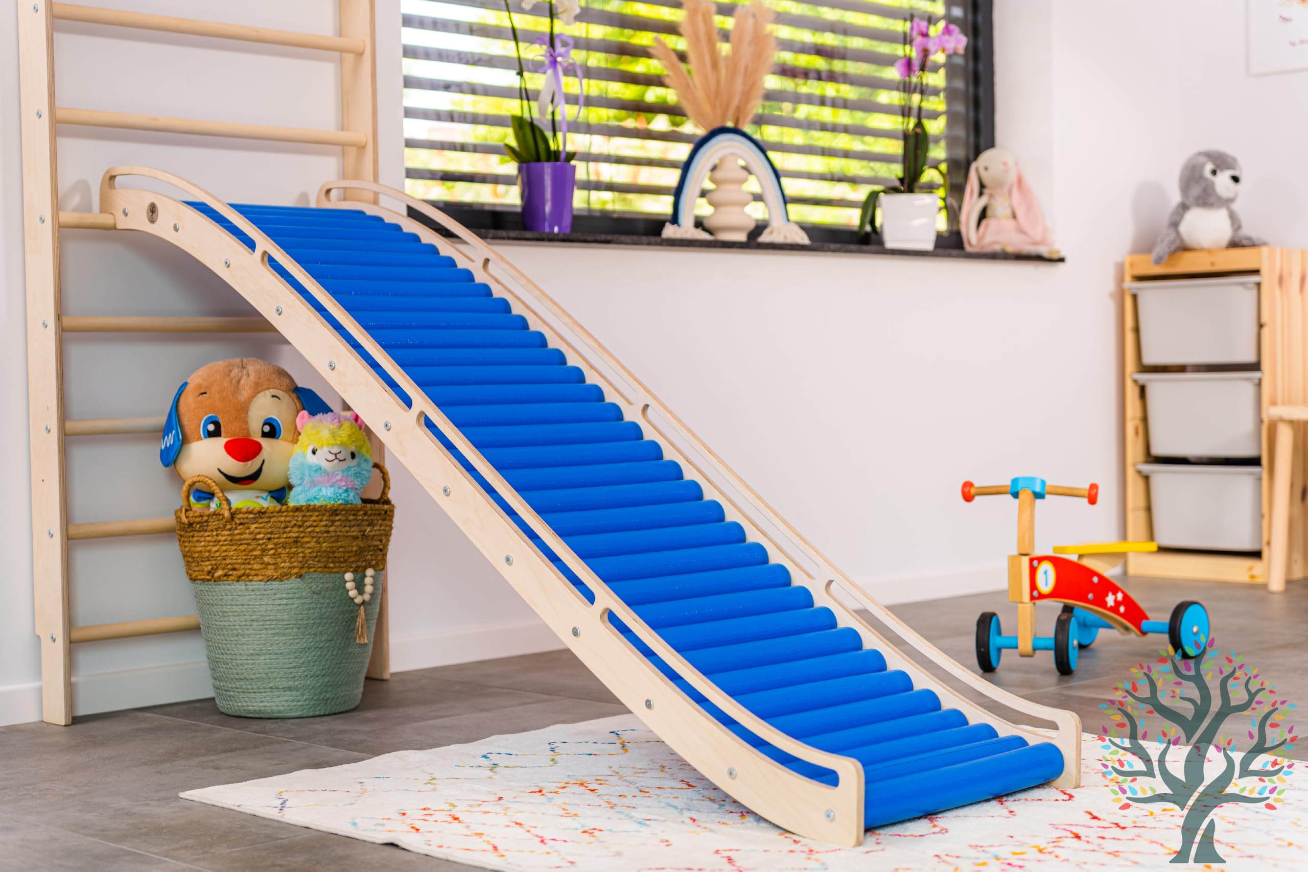 WoodsCraft 3in1 Wellenrutsche mit Kletterdreieck, Sprossenwand für Kinderzimmer & Kinderzelt Indoor | Rutsche Outdoor & Indoor | Kinderrutsche-Rollenrutsche | Kinder & Baby Rutsche für den Garten