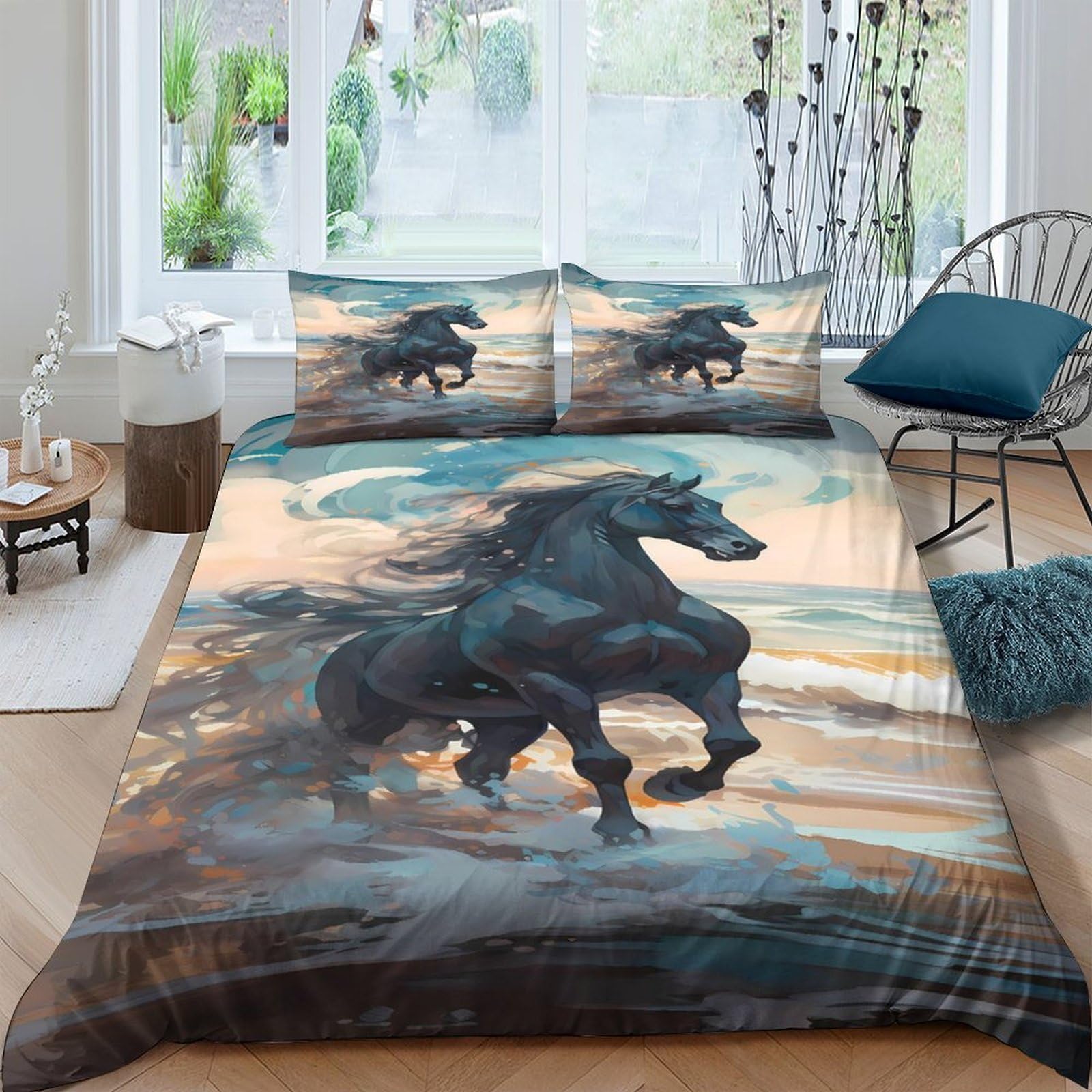 Ctjqhvkz Style-6 3D Printed Black Horse Fitted Sheet Microfiber Soft Breathable Sunset Landscape Bed Cover For Bedroom Guestroom Mattress Protection Single（135X200cm）