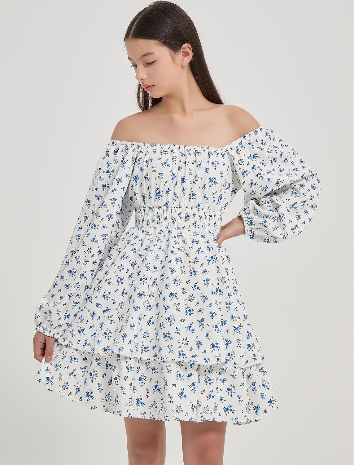 EXARUS Girls Long Sleeve Dress Floral Square Neck Spring Casual Flowy Mini Tiered Smocked Waist Ruffle Dresses Teen
