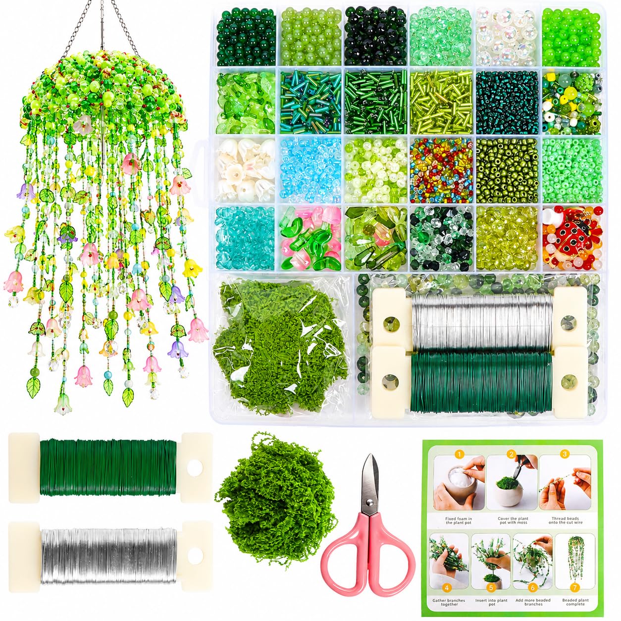 Solkraes 5422 Pcs Beaded Plant Kit with Green Glass Beads, Forever Plant DIY Making Set, Green Beads for Jewelry Making and DIY Crafts, Jewelry Craft Gift for Plant Lovers
