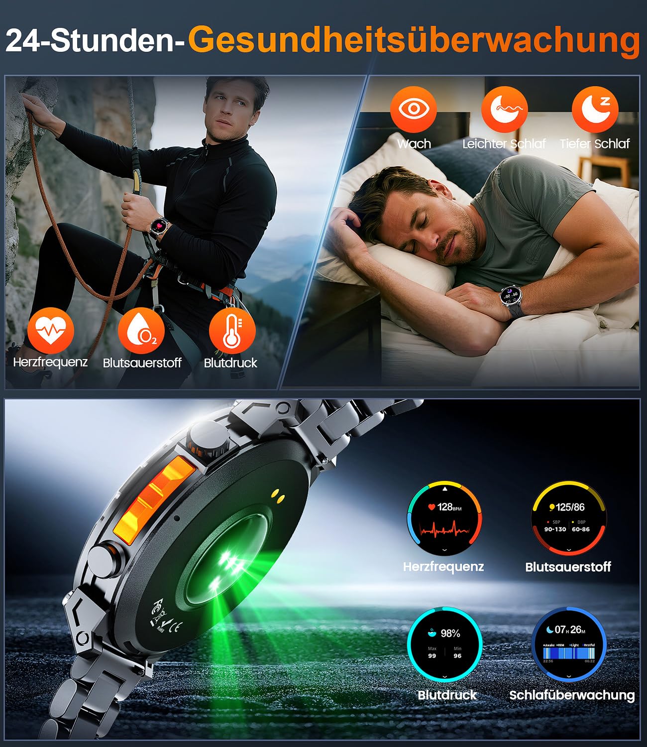 GPS Smartwatch Herren, Militär Smartwatch GPS Sportuhr 1.6" AMOLED Display,Telefoniefunktion, Herzfrequenz, Schlaf, 5 GPS-Sportmodi, 100+ Sportmodi Fitnessuhr für Android iOS