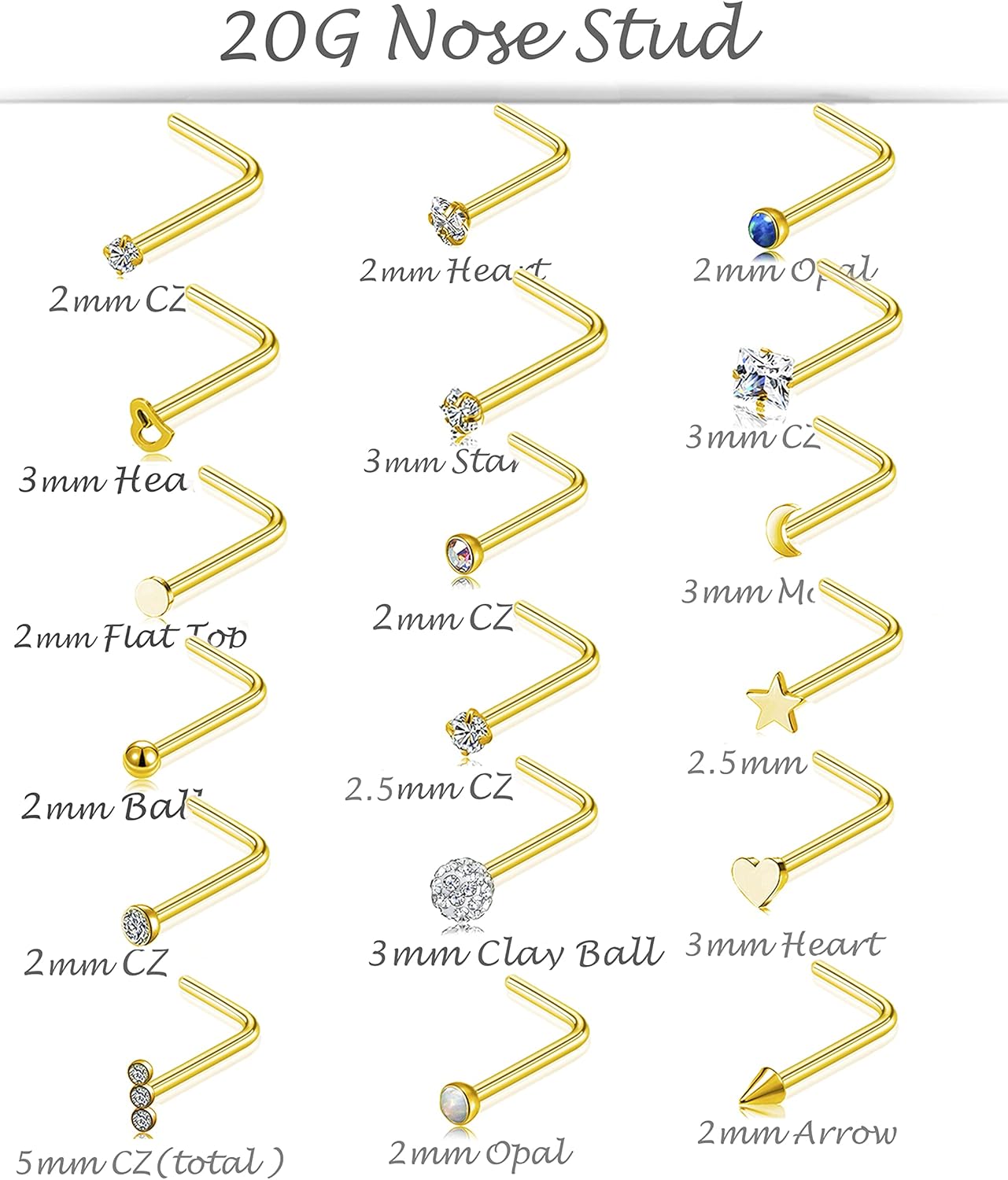 Tornito 20G 38Pcs Stainless Steel L Bone Screw Shaped Nose Studs Nose Rings CZ Hoop Tragus Cartilage Nose Ring Labret Nose Piercing Jewelry for Men Women Rose Gold Tone - Image 3