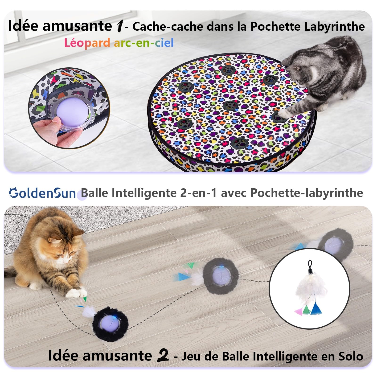 GoldenSun Jouet pour chat - Balle à roulement rapide dans un sac - Jouet pour chat domestique - Balle mobile activée par le mouvement - Tapis à 7 trous