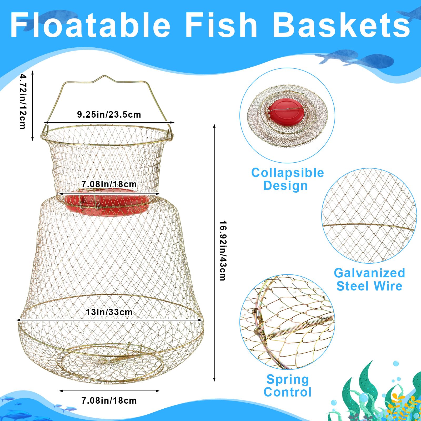 Hollowfly 2 cestas de alambre de acero y red de aterrizaje de pesca con extensión de poste telescópico de aluminio, incluye 1 red de pesca portátil con asa, 1 cesta de pesca plegable de alambre para