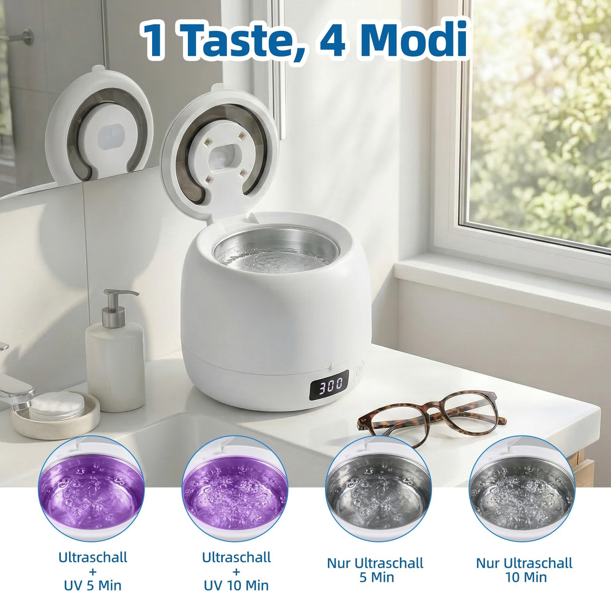 Carehabi Ultraschallreinigungsgerät Zahnschiene & Prothesen - 45kHz Dental Pod mit UV-Licht & Abnehmbarem 200ml Tank - Elektrischer Reiniger für Aufbissschienen, Retainer, Zahnspangen & Schmuck