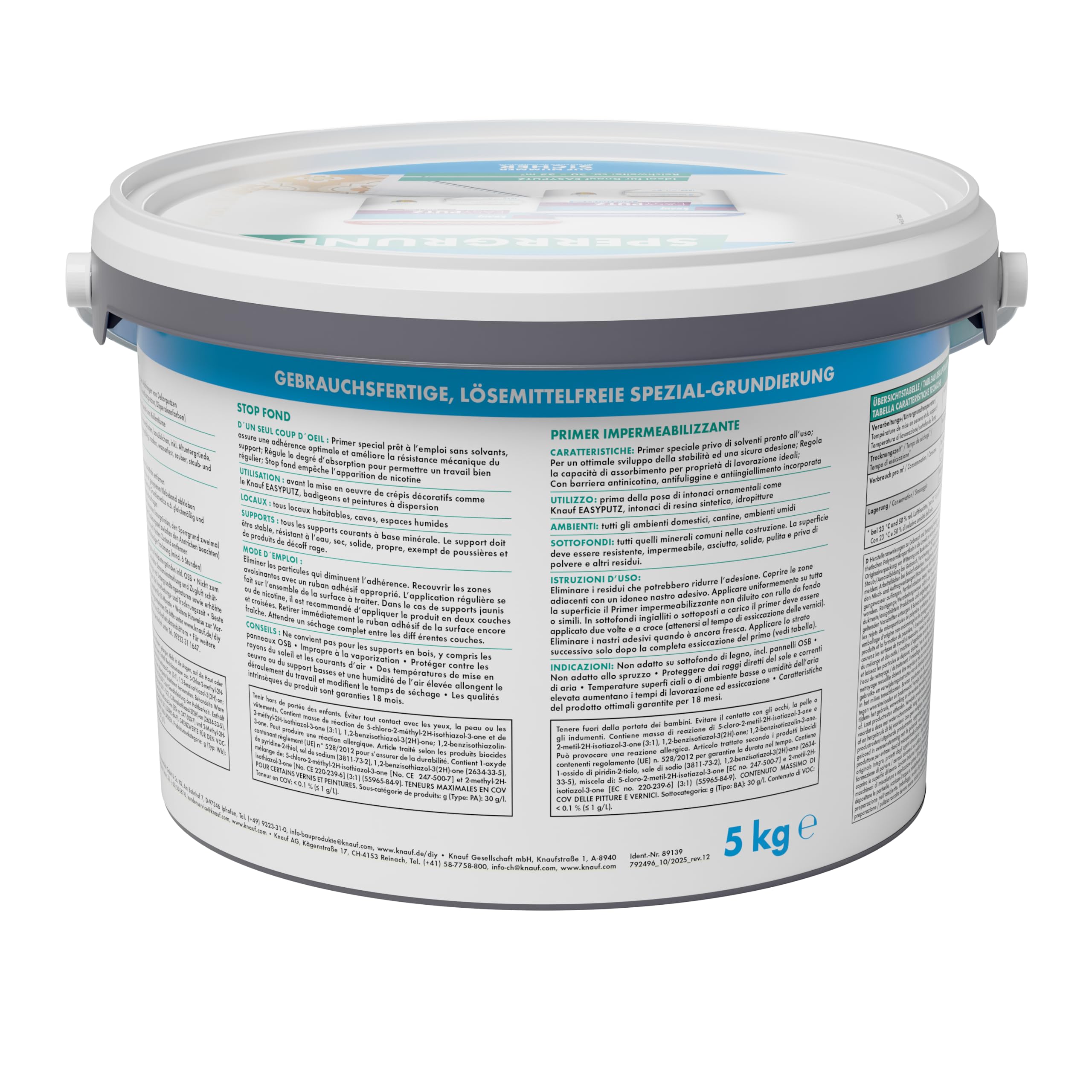 Knauf 89139 Sperrgrund, Spezialgrundierung, hochwirksame Fleckensperre gegen Verfärbungen aus dem Untergrund, gebrauchsfertig, Weiß, 5 kg