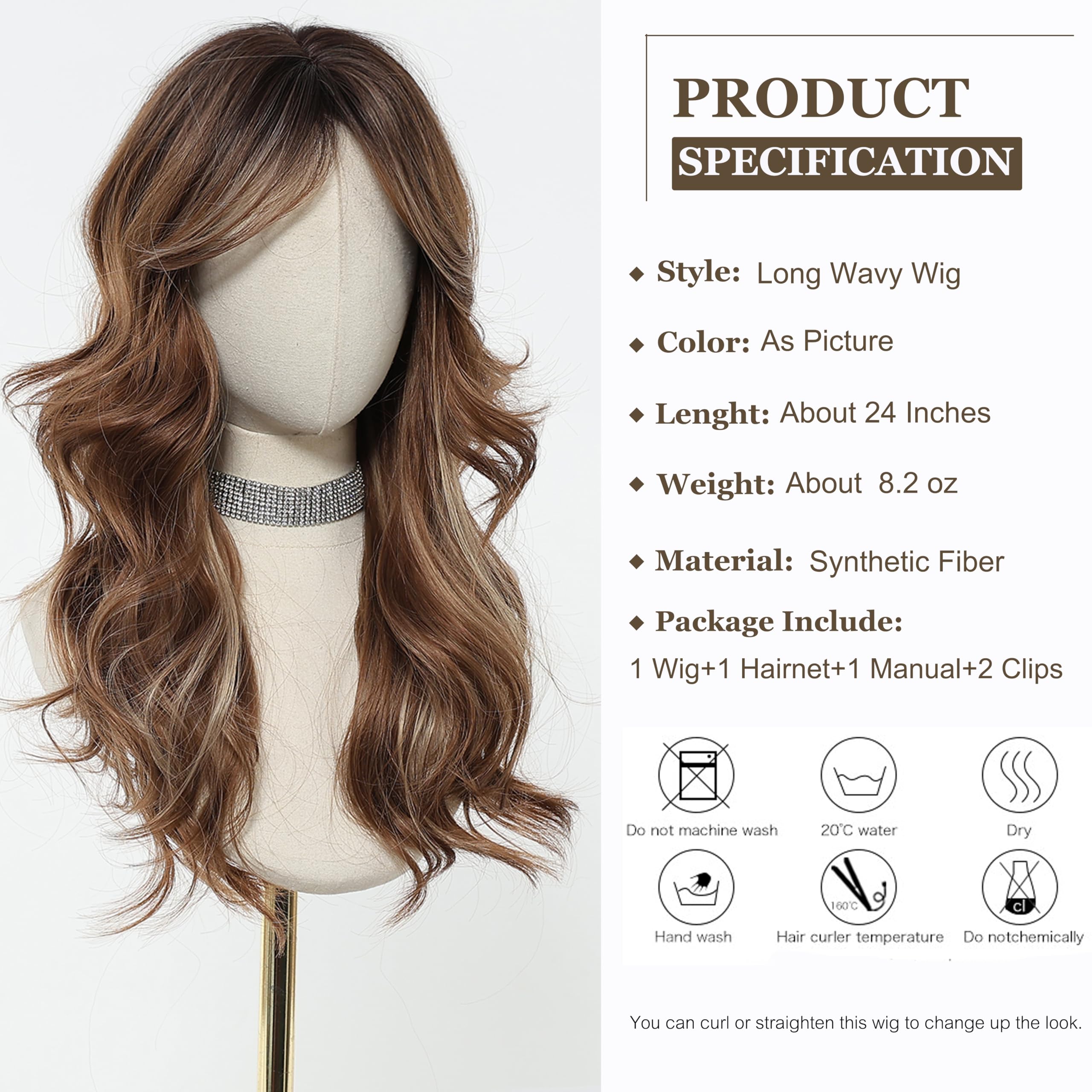 Esmee Perruque Marron Longue et Droite pour Femmes Perruque à Frange en Cheveux Synthétiques Layered pour Soirée Cosplay Quotidienne