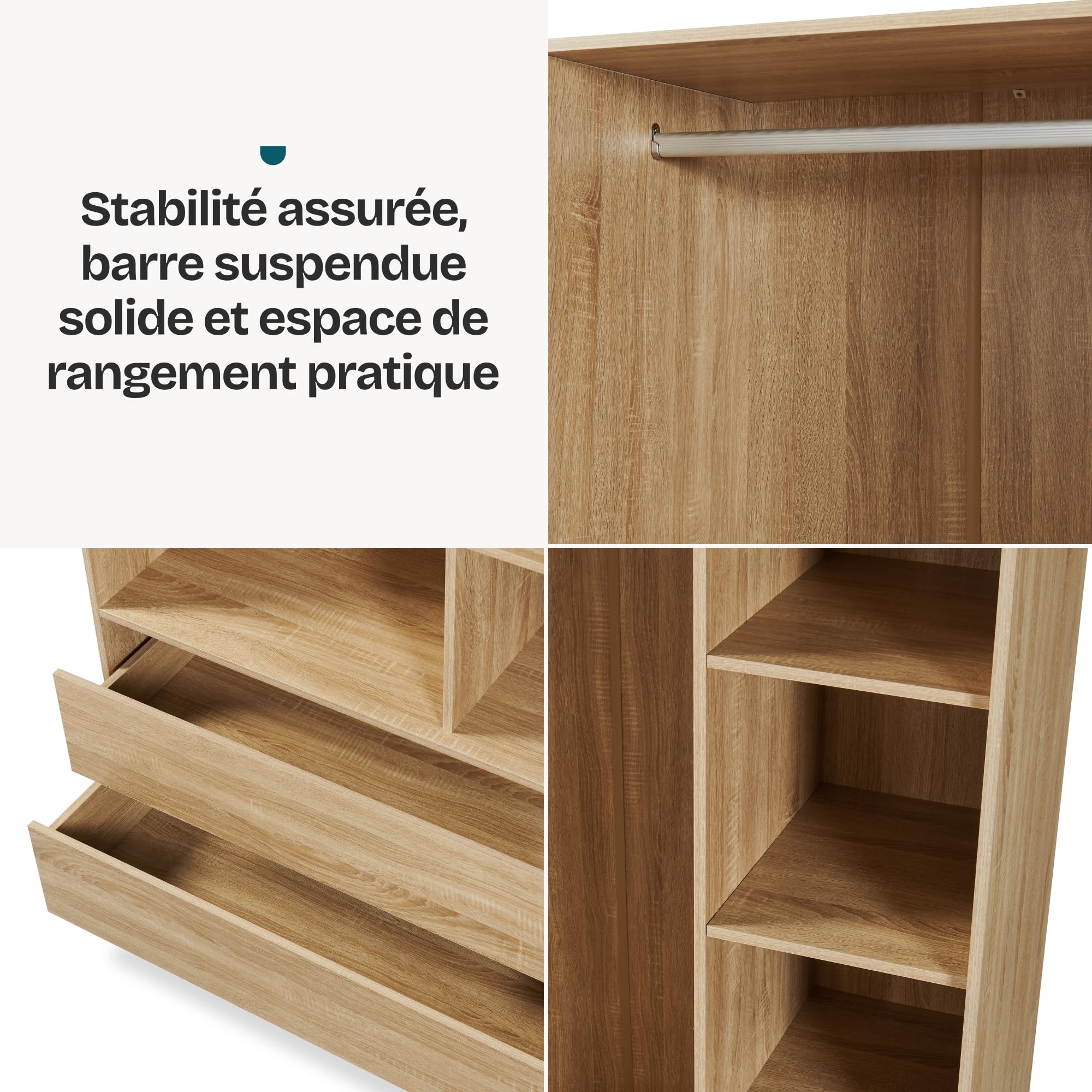 [en.casa] Armoire Ouverte Vippsaki avec 4 Compartiments de Rangement 2 Grands Tiroirs Barre de Penderie Stockage pour Chambre Dressing Portant à Vêtements 200 x 100 x 50 cm Effet Chêne