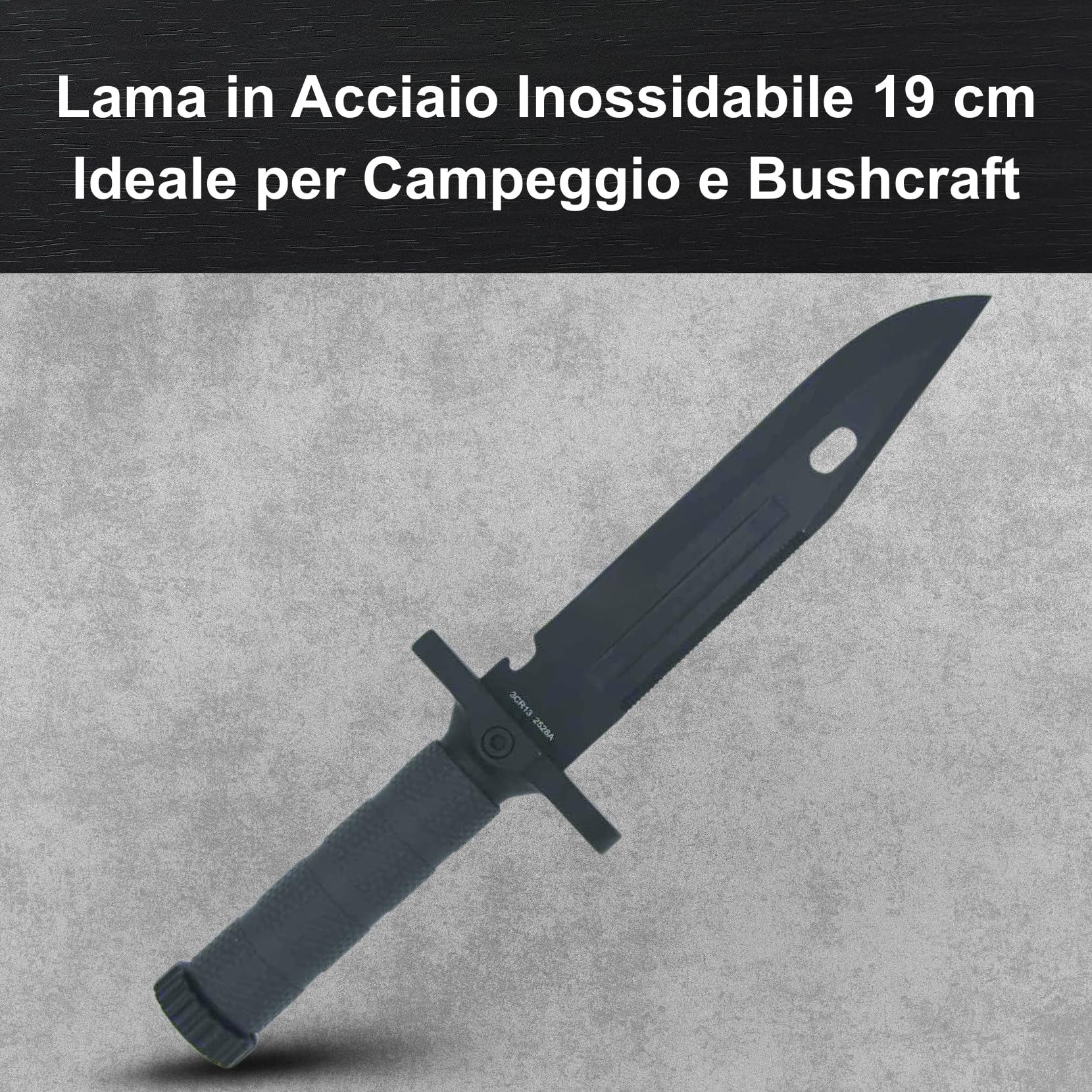 Generico Coltello Sopravvivenza con Lama da 19 cm in Acciaio Inossidabile, Manico Grigio e Fodero in ABS, Accendifuoco, Fischietto e Pietra per Affilare – Ideale per Campeggio, Caccia e Bushcraft