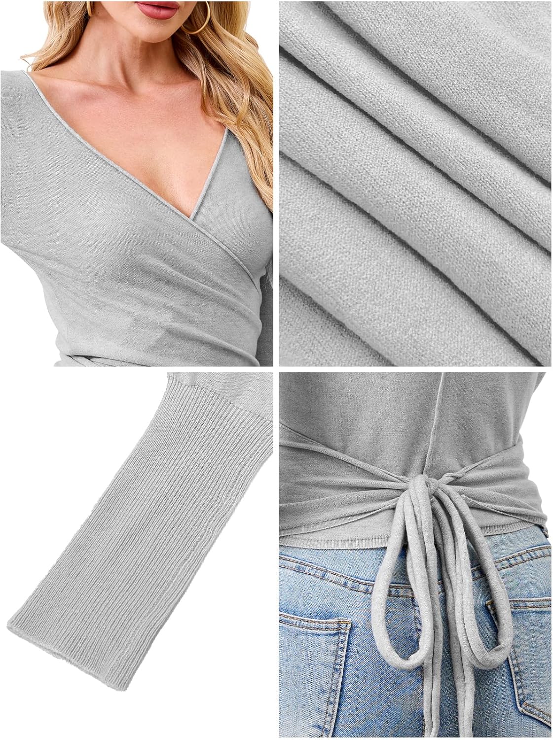 Womens Wool Tie Front Tops Crop Top Solid Long Sleeve Solid V-Neck Lightweight Crochet Cardigan Crop - Image 5