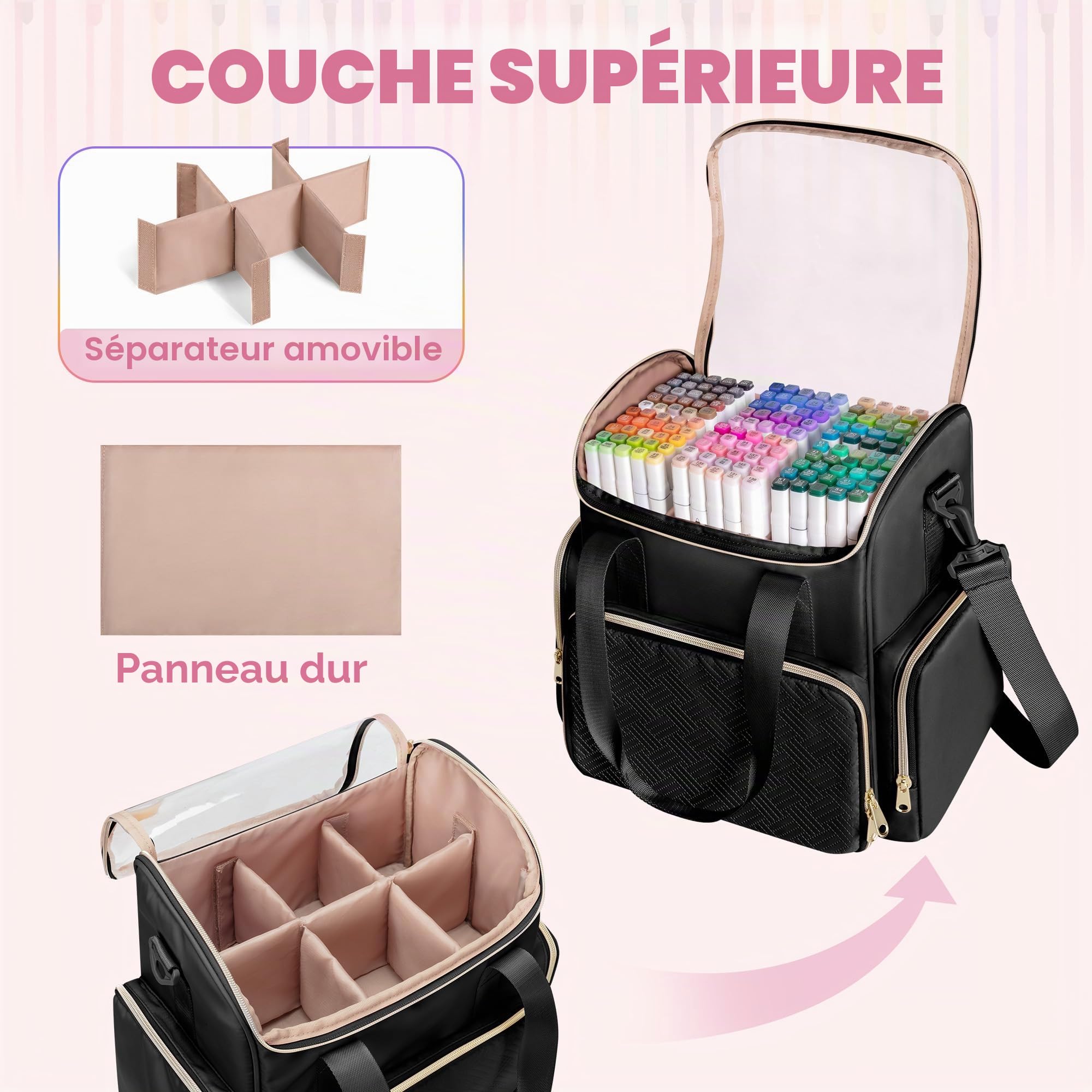 Rexmica Double Couche Sac de Rangement pour 400 Marqueurs, Grand Étui de Rangement pour Feutre à Alcool avec Séparateurs et Multiples Poches pour Stylos, Livres ou Autres Fournitures de Peinture, Noir