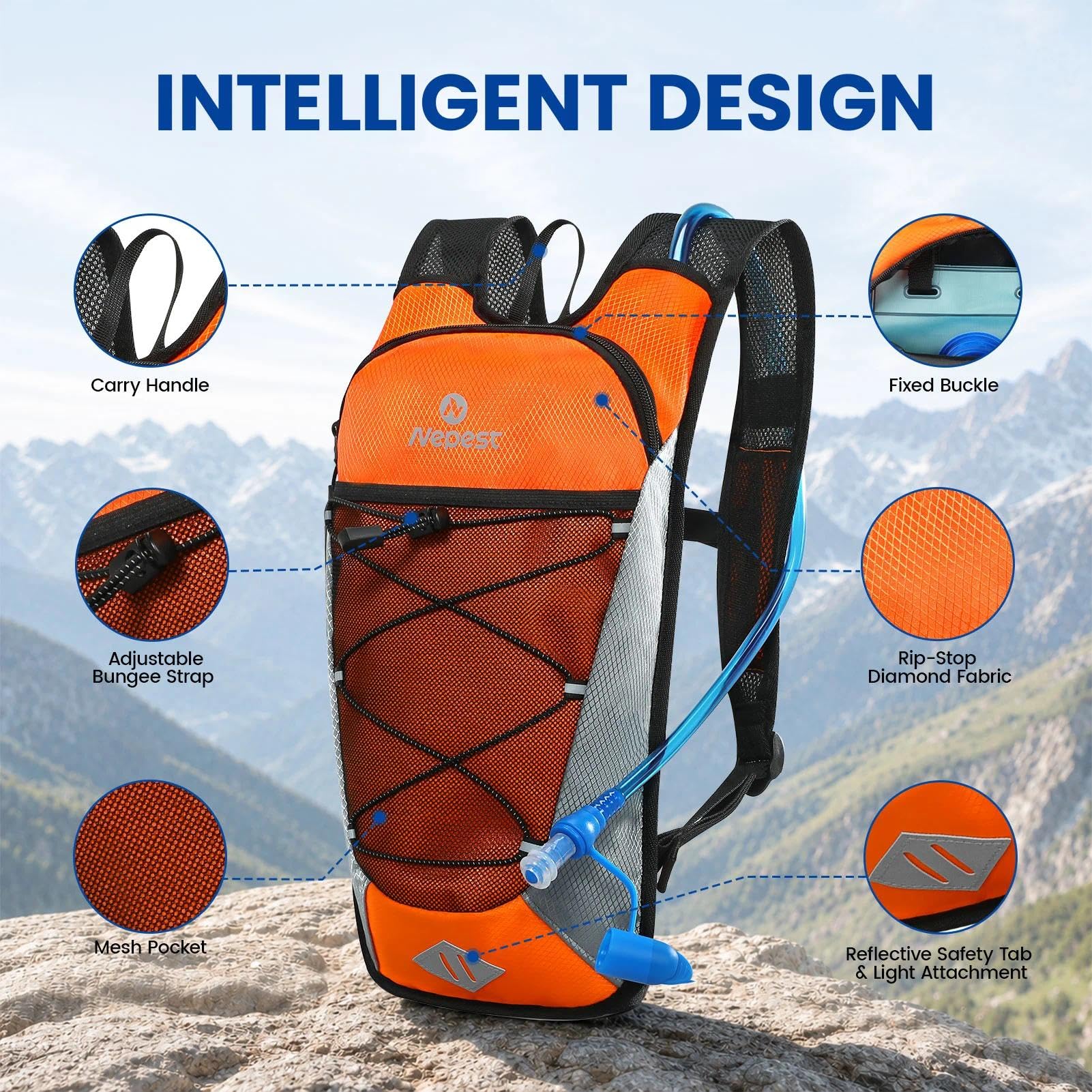 Nepest Mochila para bicicleta de 6 l – MTB & Outdoor Compañero con bolsa de hidratación de 2 L | Cinturón ajustable en el pecho y la cintura con silbato de seguridad | Para ciclismo, correr y esquiar