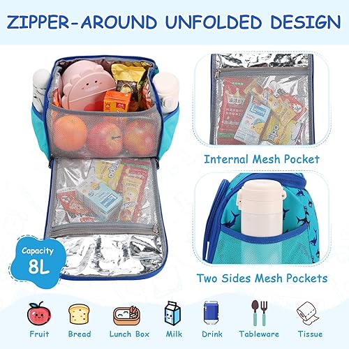 Miniatura 3 de VASCHY Lonchera para niños, bonita lonchera reutilizable con aislamiento para preescolar, guardería, escuela, jardín de infantes, tiburones azules