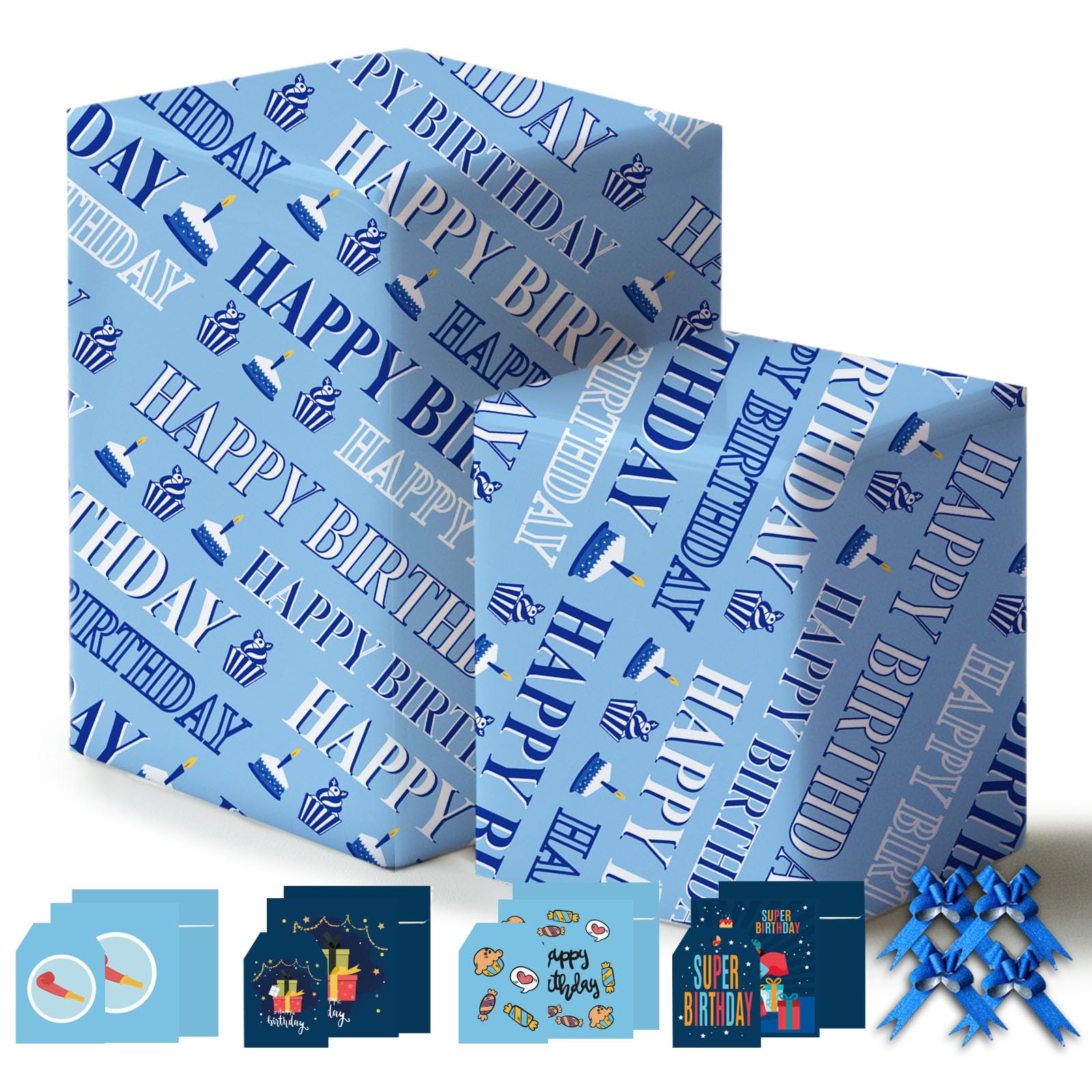 Blue Happy Birthday Wrapping Paper 43% Bigger 85 * 60cm,8 Sheets,8 Bows,8 Cards,8 Envelopes,8 Tags,Gift Wrap Pack for Men,Dad,Husband,Brother,Son,Boys