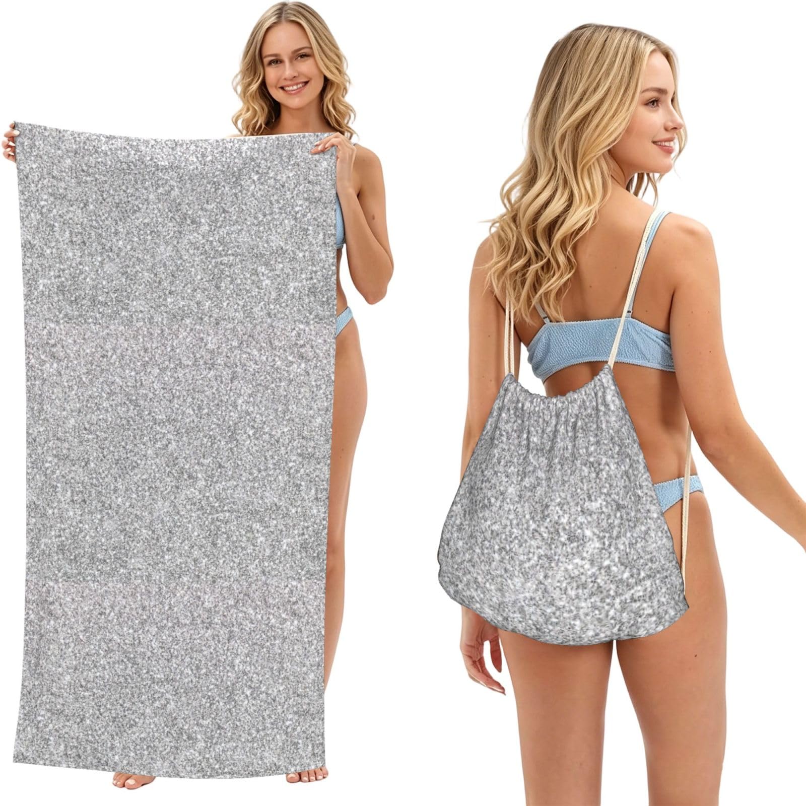 Poadnly As Picture Silver Glitter, 2 In 1 Packable Towel Bag, Beach Towels With Drawstring Backpack For Travel Holiday Camping