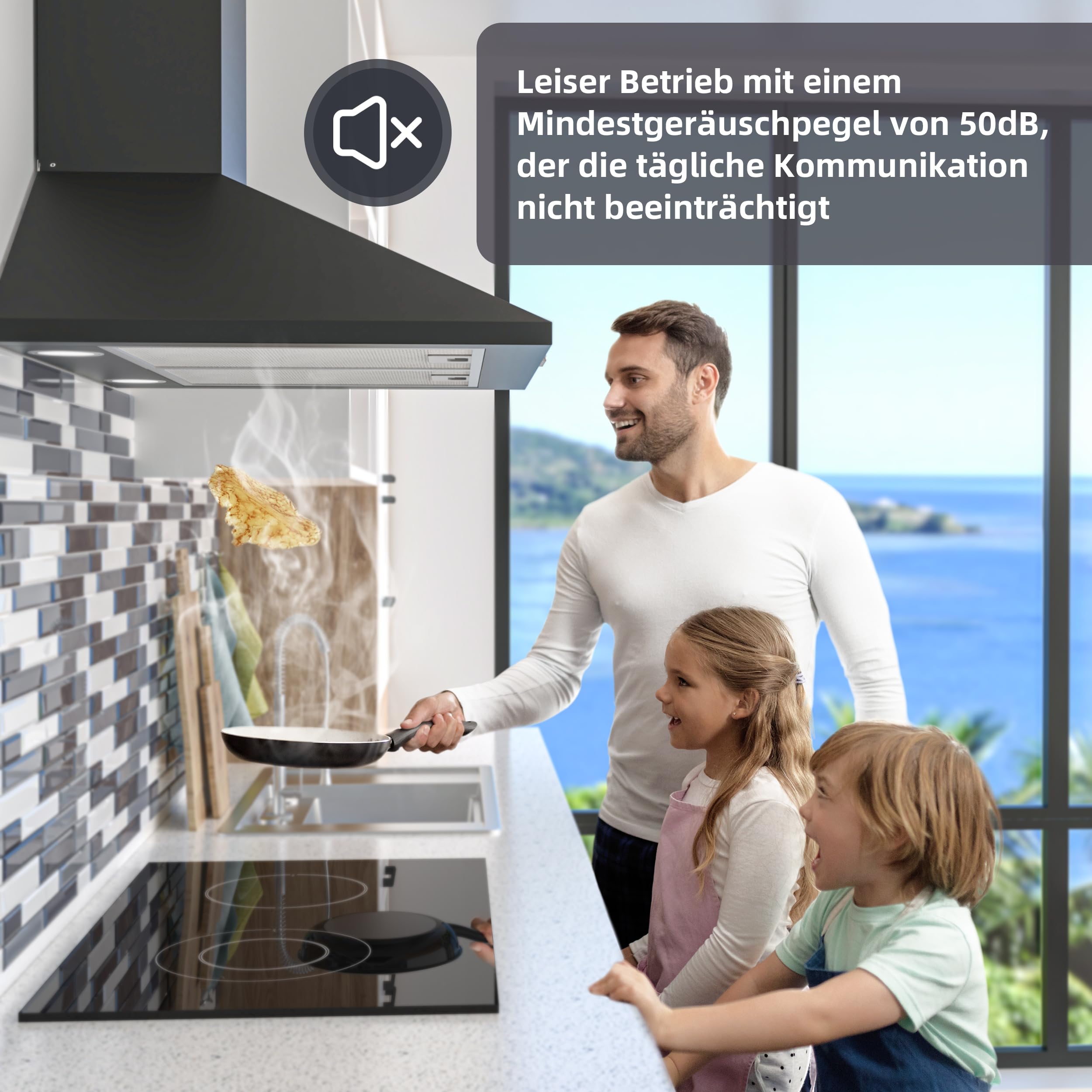 FIREGAS Dunstabzugshaube 60 cm mit bürstenlosem DC-Motor, Umluft/Abluft, 3 Gebläsestufen, LED, Schwarz